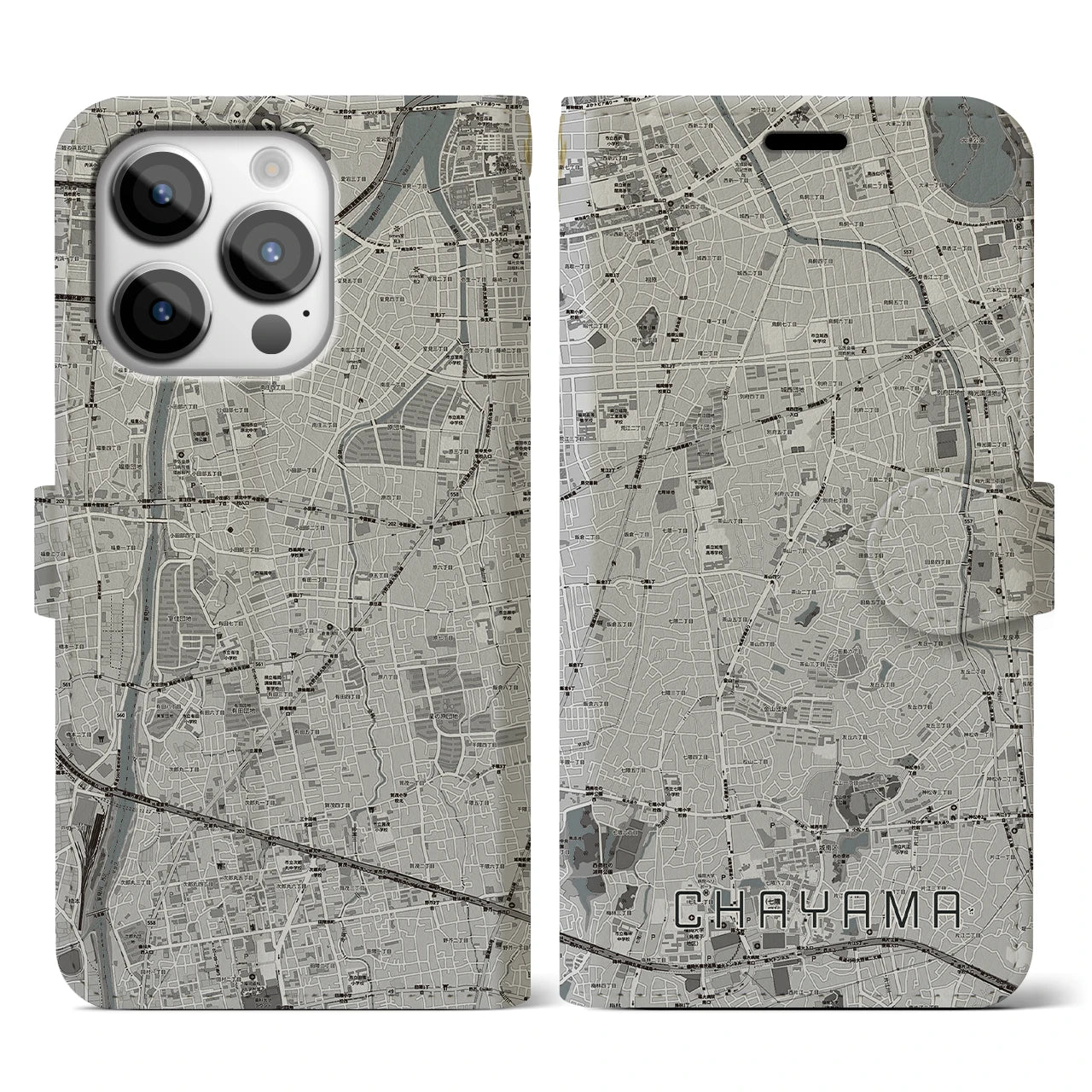 【茶山(福岡県)】地図柄iPhoneケース(手帳タイプ)モノトーン・iPhone 14 Pro 用