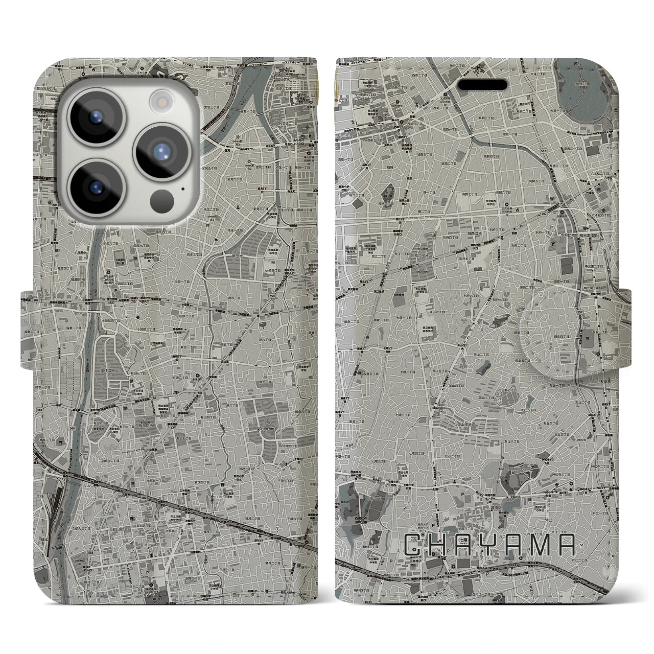 【茶山(福岡県)】地図柄iPhoneケース(手帳タイプ)モノトーン・iPhone 15 Pro 用