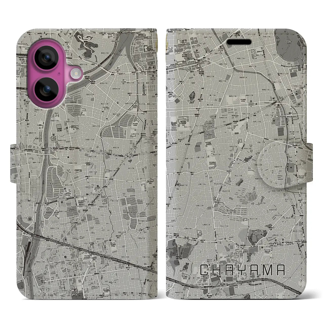【茶山(福岡県)】地図柄iPhoneケース(手帳タイプ)モノトーン・iPhone 16 Pro 用