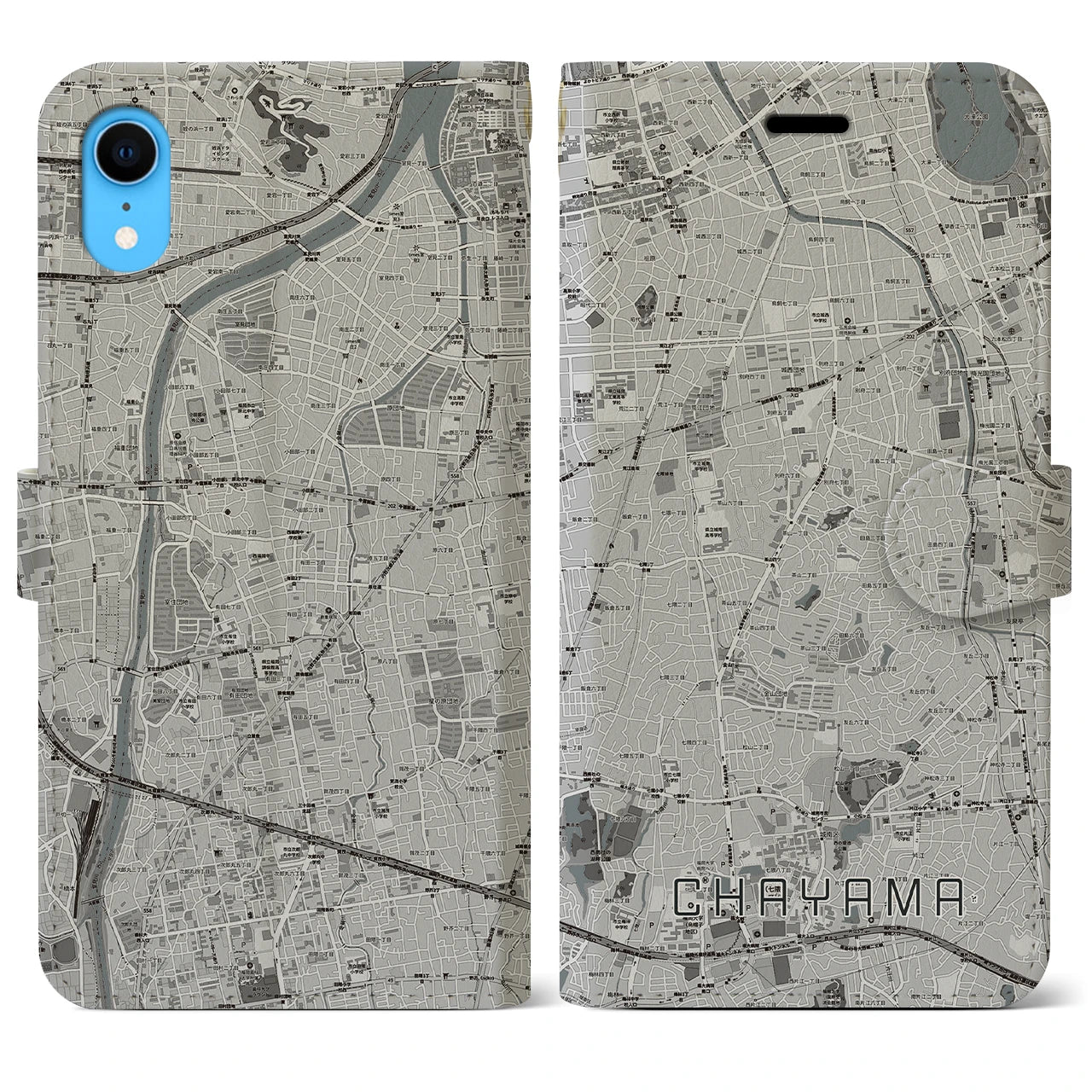 【茶山(福岡県)】地図柄iPhoneケース(手帳タイプ)モノトーン・iPhone XR 用
