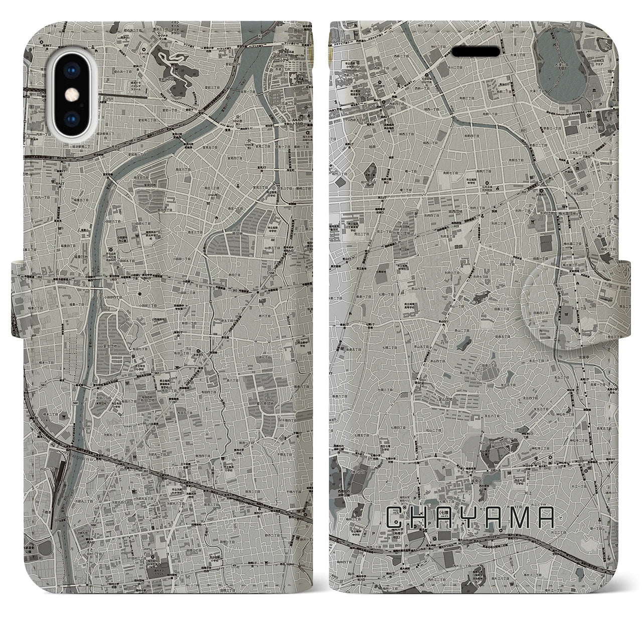 【茶山(福岡県)】地図柄iPhoneケース(手帳タイプ)モノトーン・iPhone XS Max 用