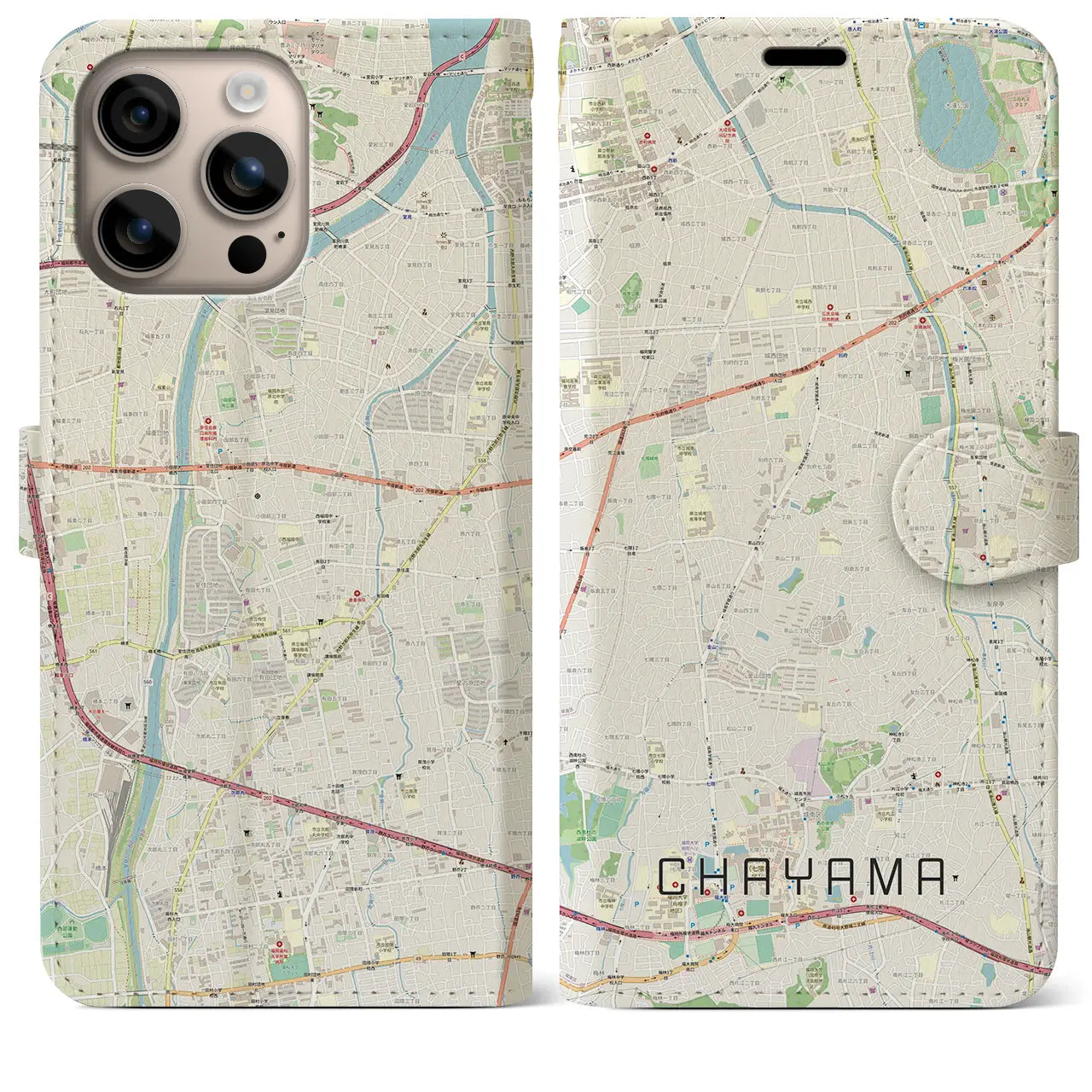 【茶山(福岡県)】地図柄iPhoneケース(手帳タイプ)ナチュラル・iPhone 16 Plus 用