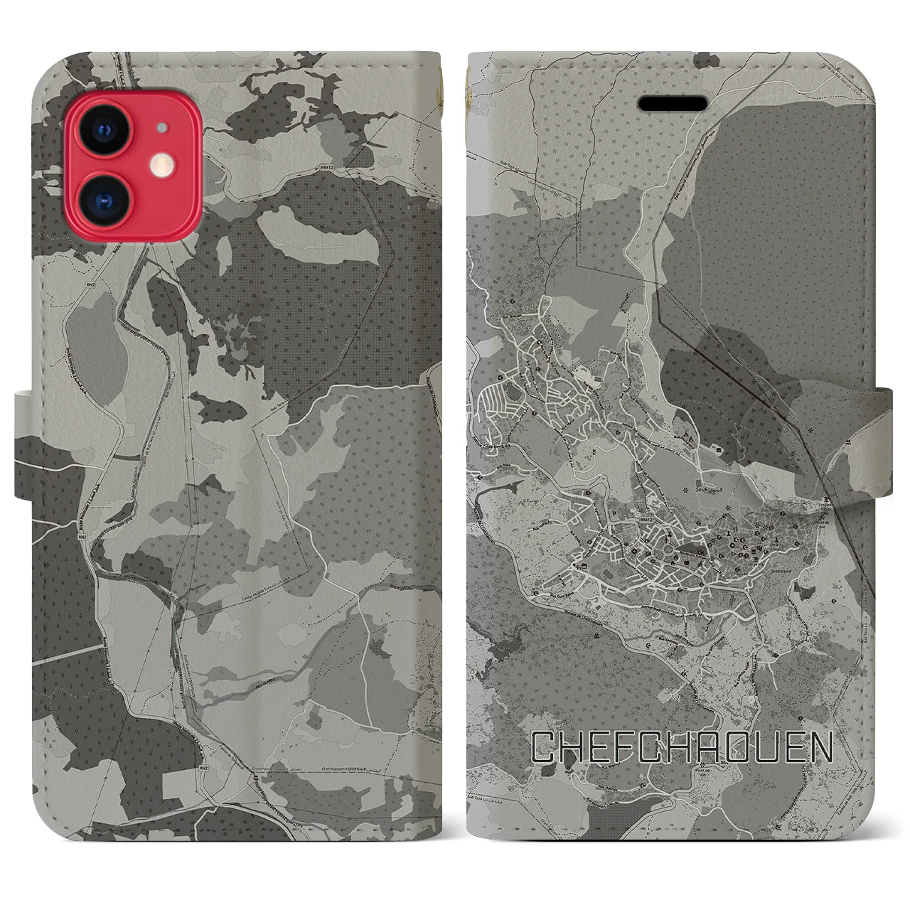 【シャウエン(モロッコ)】地図柄iPhoneケース(手帳タイプ)モノトーン・iPhone 11 用