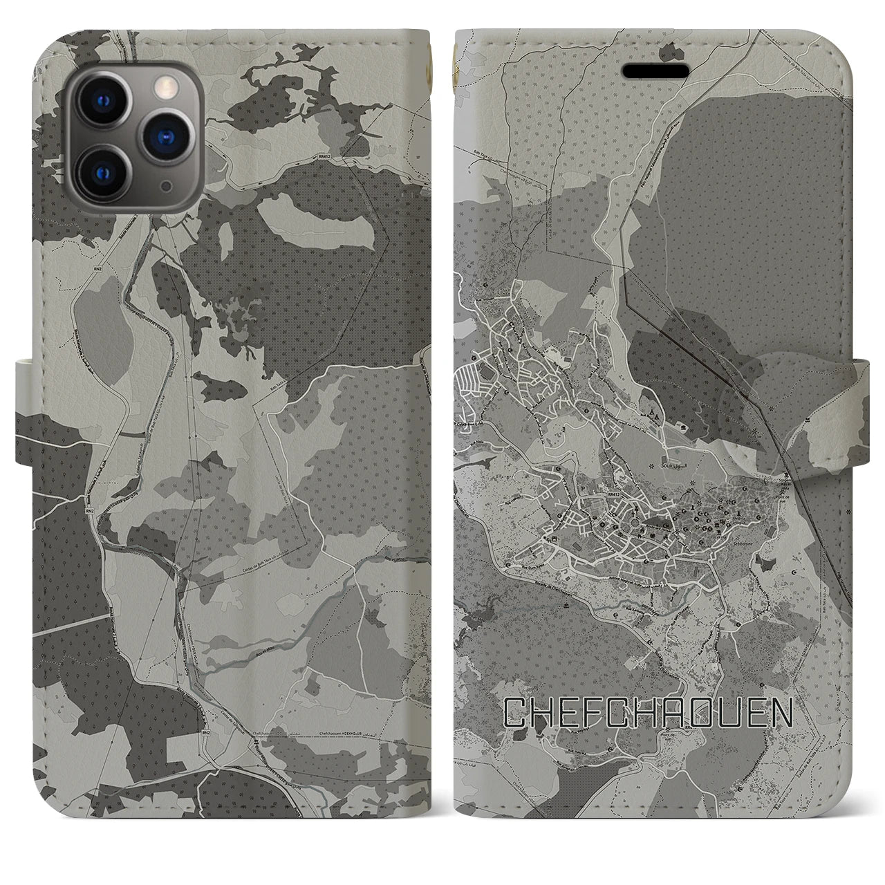 【シャウエン(モロッコ)】地図柄iPhoneケース(手帳タイプ)モノトーン・iPhone 11 Pro Max 用