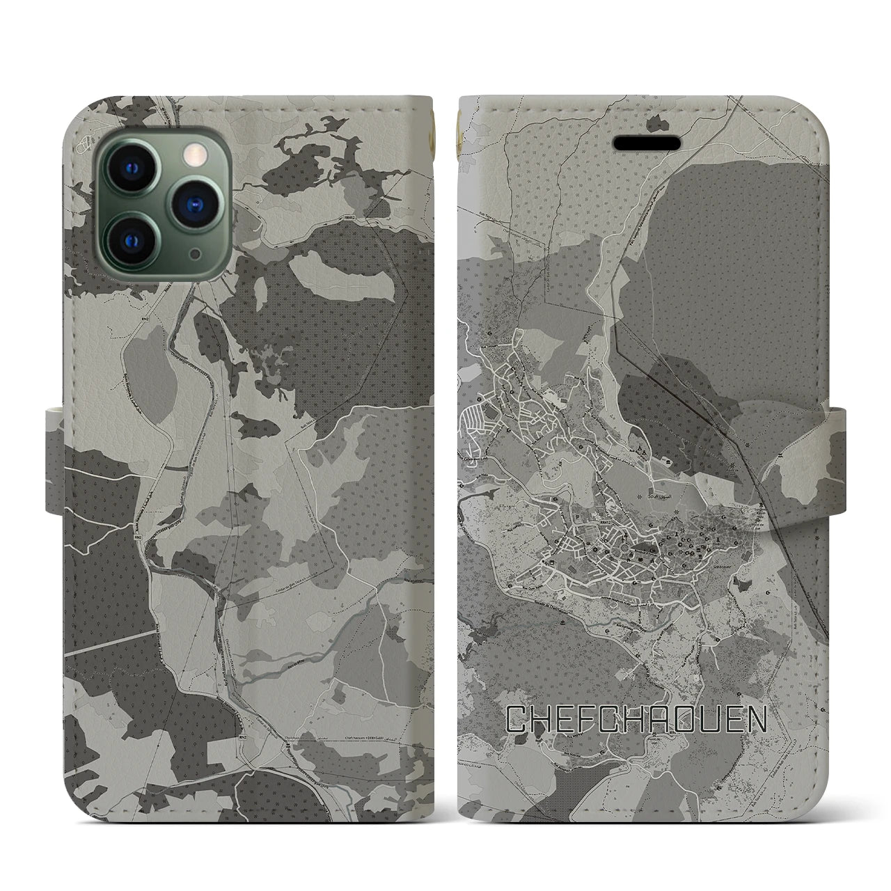 【シャウエン(モロッコ)】地図柄iPhoneケース(手帳タイプ)モノトーン・iPhone 11 Pro 用