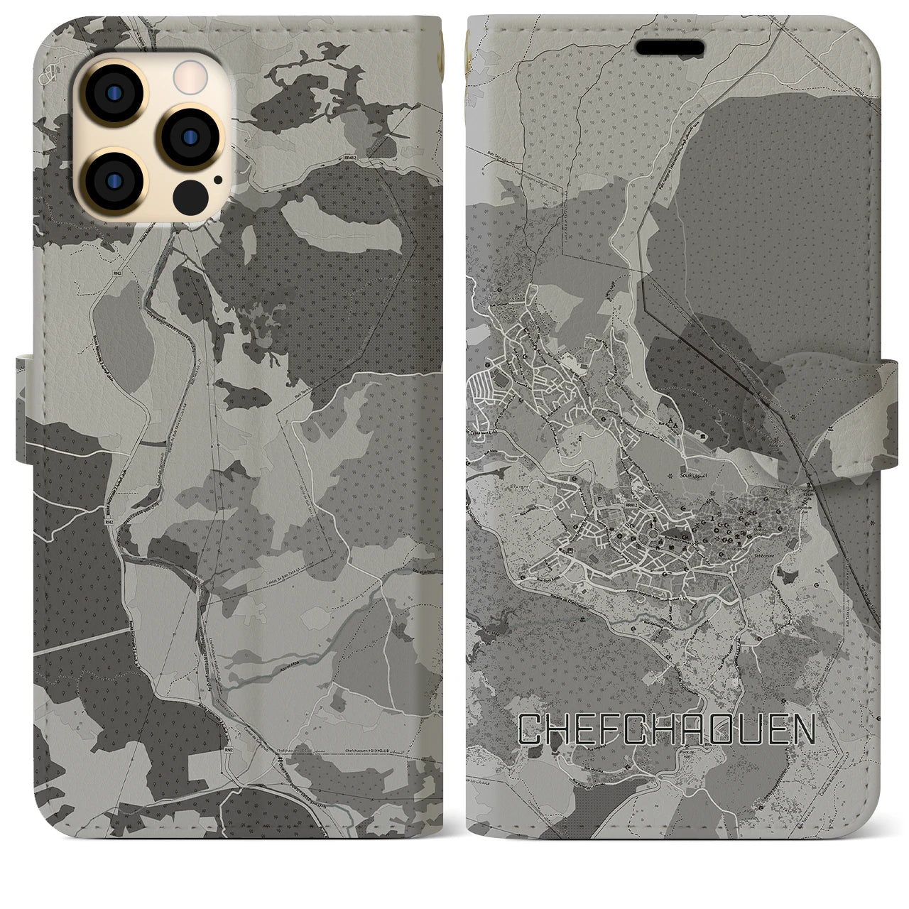 【シャウエン(モロッコ)】地図柄iPhoneケース(手帳タイプ)モノトーン・iPhone 12 Pro Max 用