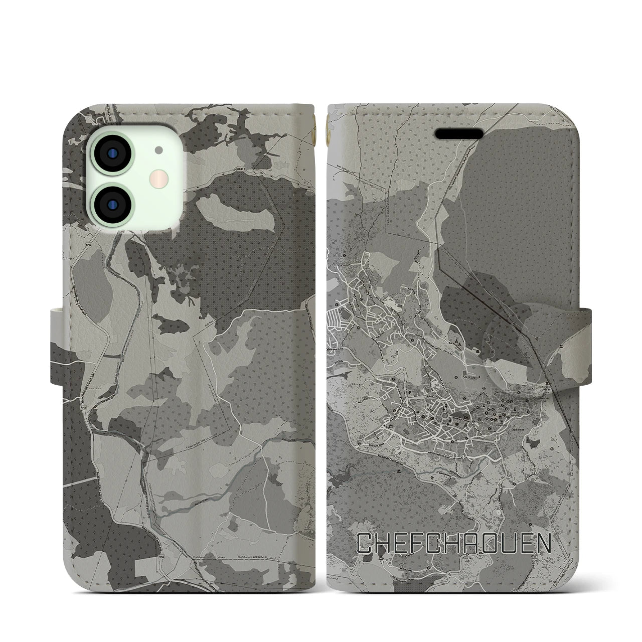 【シャウエン(モロッコ)】地図柄iPhoneケース(手帳タイプ)モノトーン・iPhone 12 mini 用