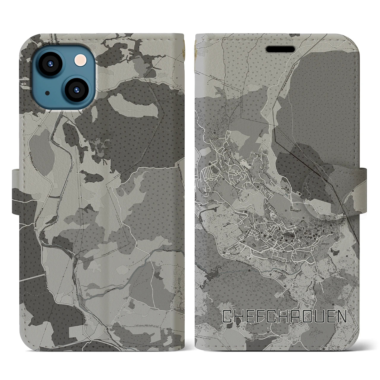 【シャウエン(モロッコ)】地図柄iPhoneケース(手帳タイプ)モノトーン・iPhone 13 用