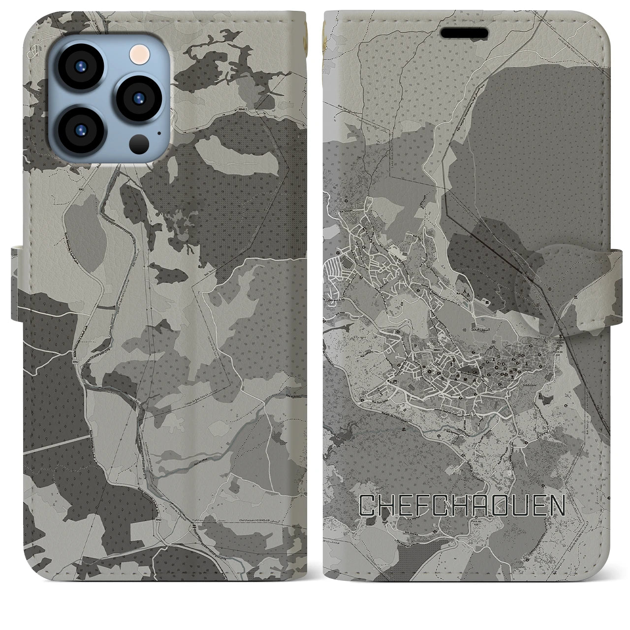 【シャウエン(モロッコ)】地図柄iPhoneケース(手帳タイプ)モノトーン・iPhone 13 Pro Max 用