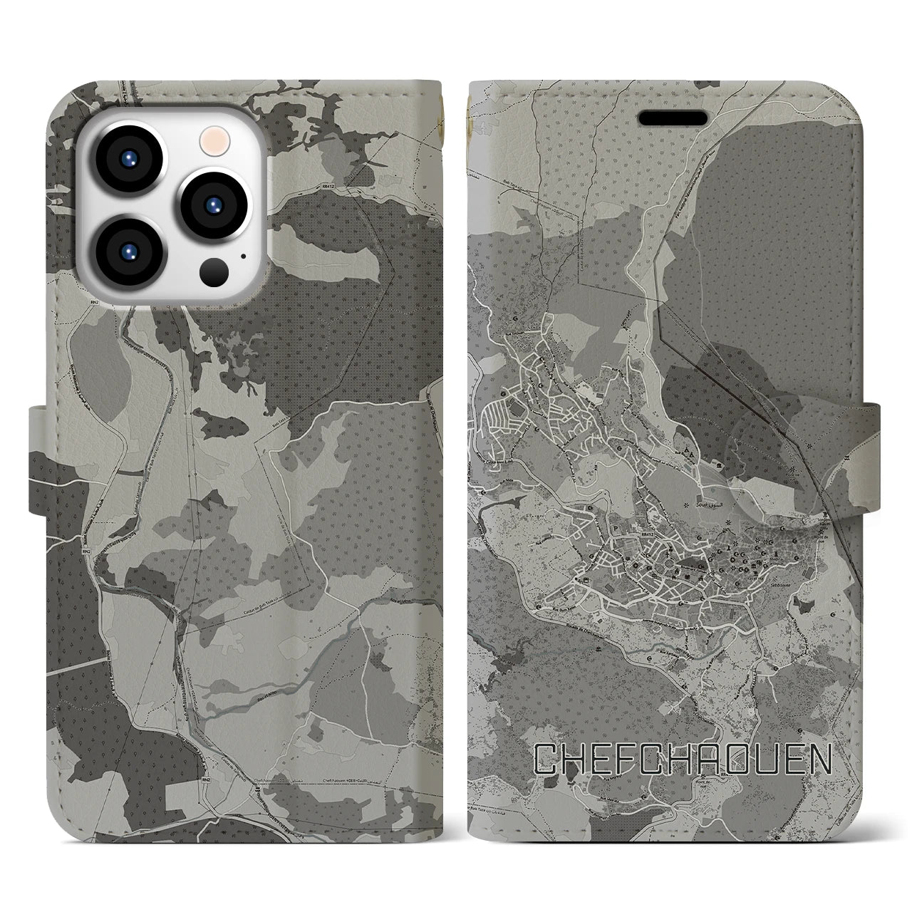 【シャウエン(モロッコ)】地図柄iPhoneケース(手帳タイプ)モノトーン・iPhone 13 Pro 用