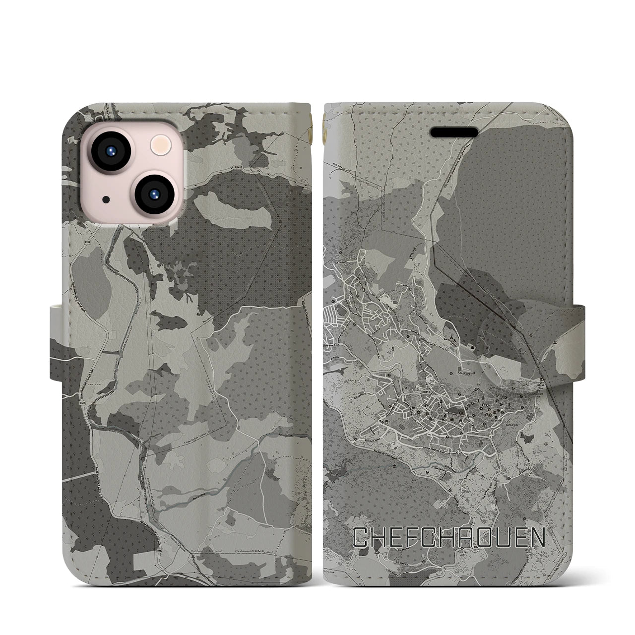 【シャウエン(モロッコ)】地図柄iPhoneケース(手帳タイプ)モノトーン・iPhone 13 mini 用