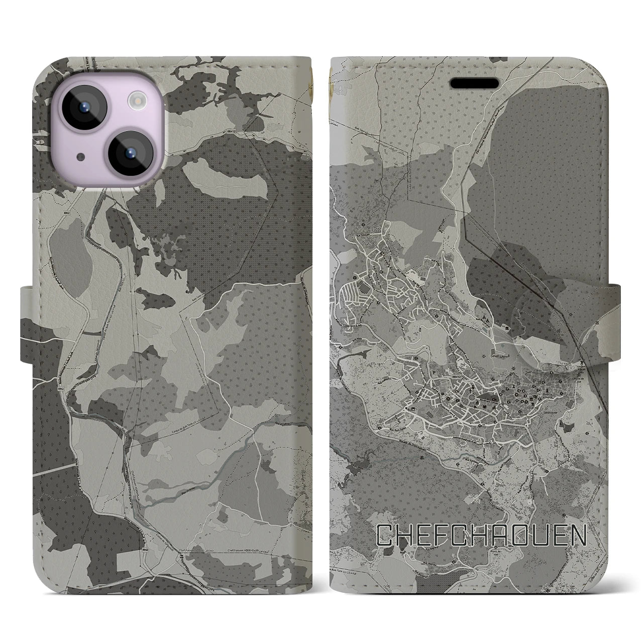 【シャウエン(モロッコ)】地図柄iPhoneケース(手帳タイプ)モノトーン・iPhone 14 用