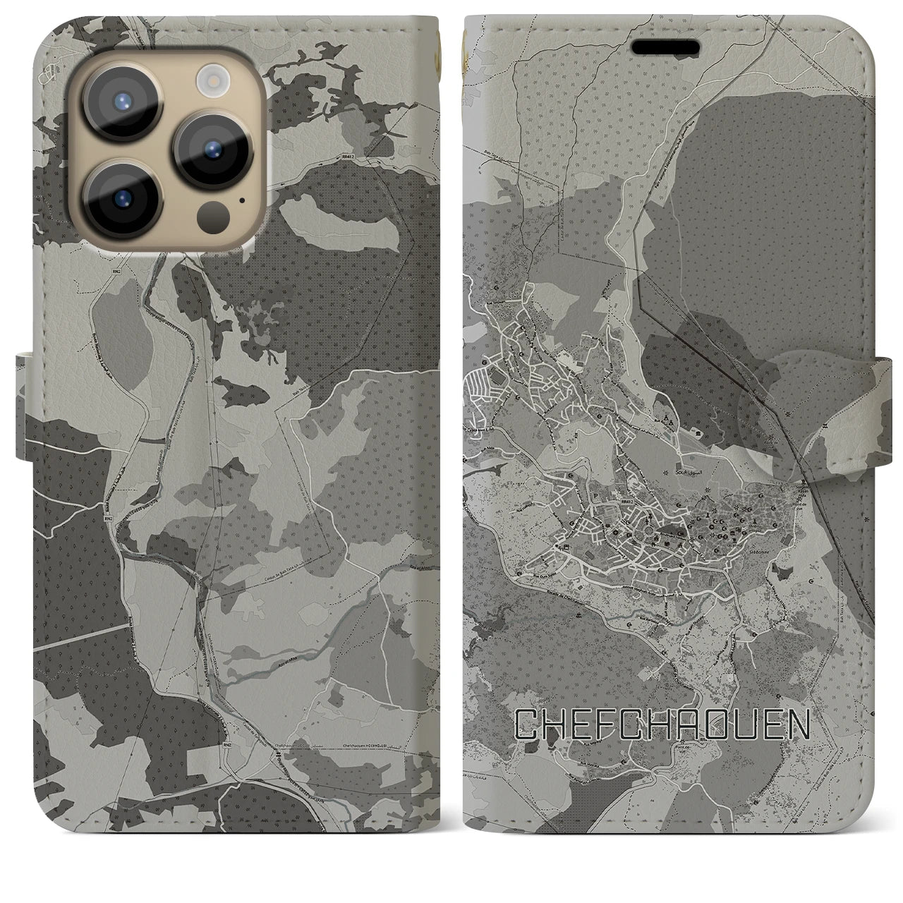 【シャウエン(モロッコ)】地図柄iPhoneケース(手帳タイプ)モノトーン・iPhone 14 Pro Max 用