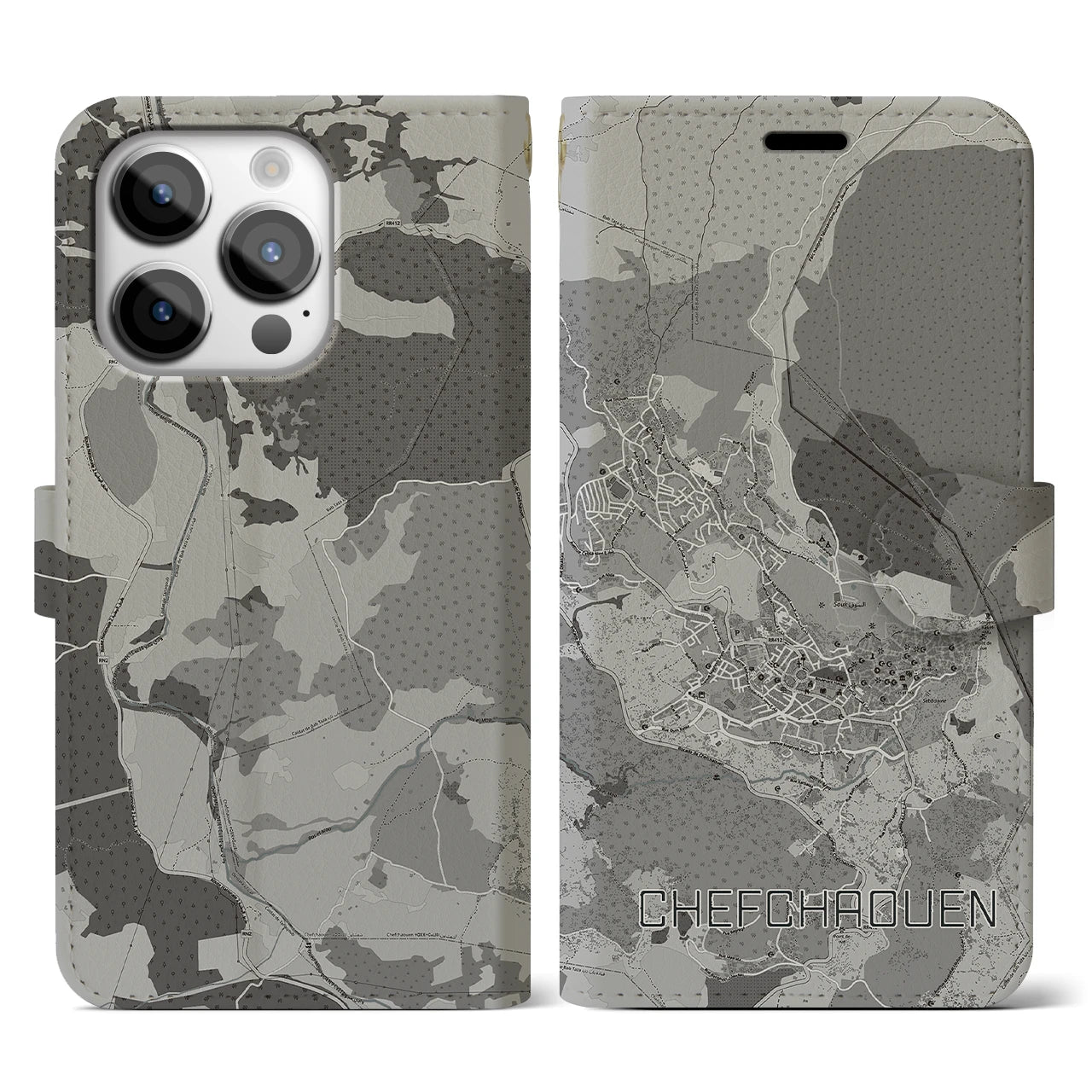 【シャウエン(モロッコ)】地図柄iPhoneケース(手帳タイプ)モノトーン・iPhone 14 Pro 用