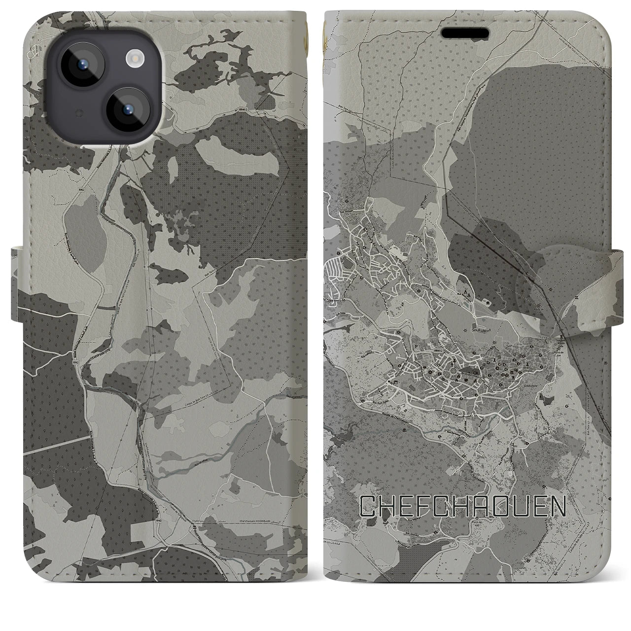 【シャウエン(モロッコ)】地図柄iPhoneケース(手帳タイプ)モノトーン・iPhone 14 Plus 用