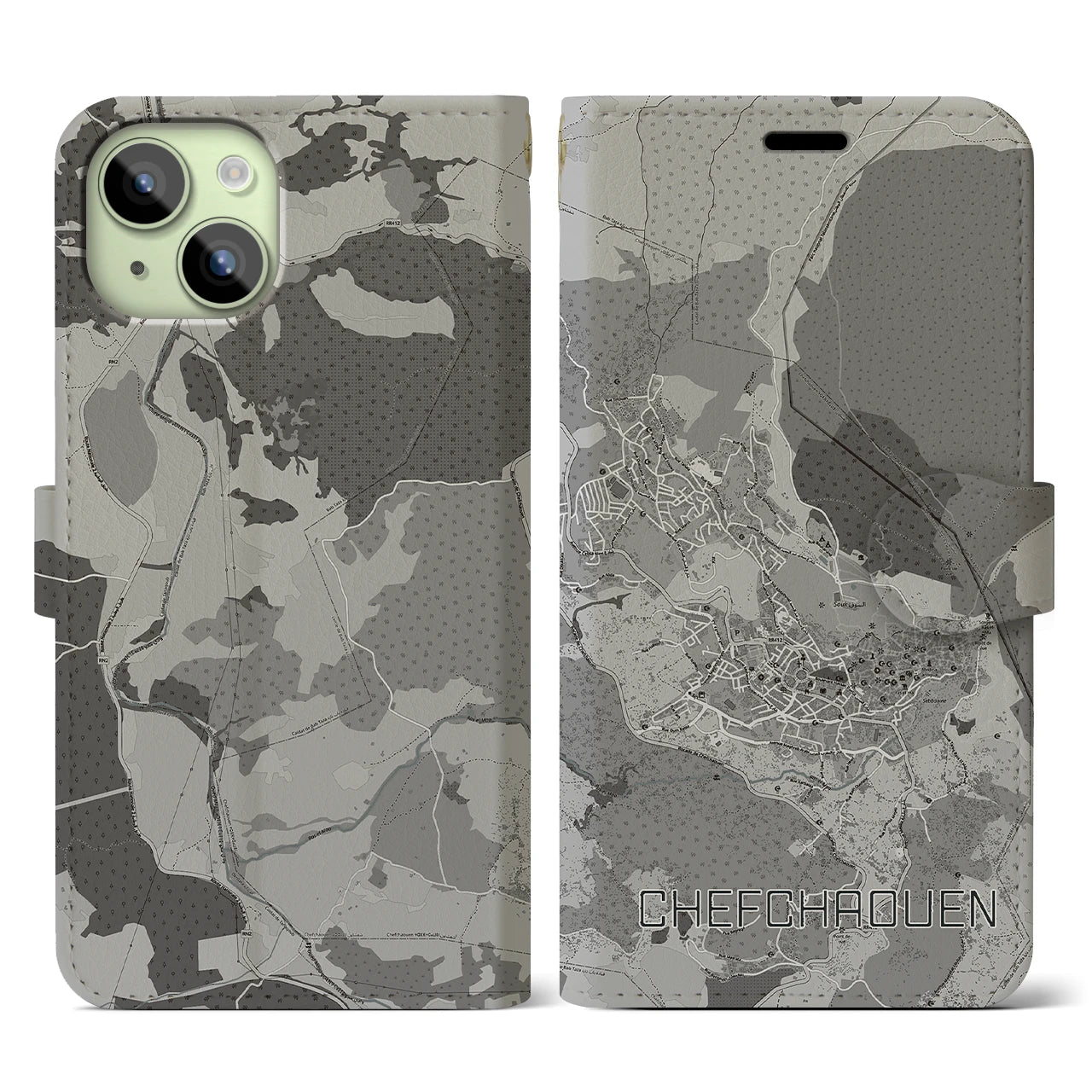 【シャウエン(モロッコ)】地図柄iPhoneケース(手帳タイプ)モノトーン・iPhone 15 用