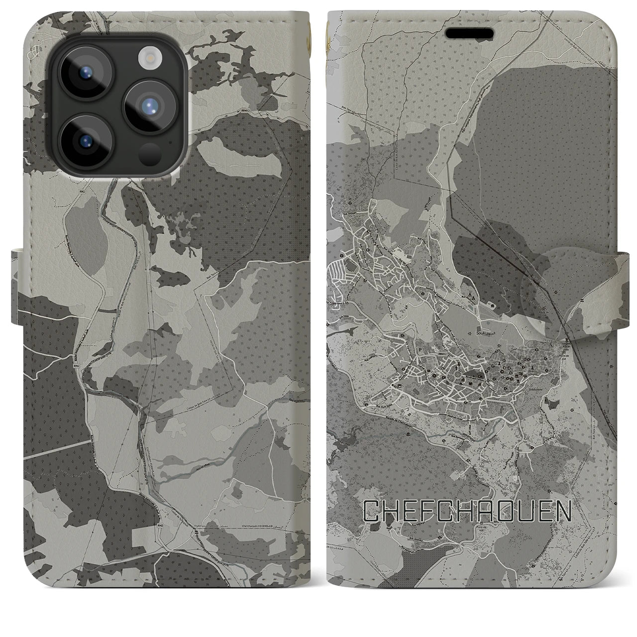 【シャウエン(モロッコ)】地図柄iPhoneケース(手帳タイプ)モノトーン・iPhone 15 Pro Max 用