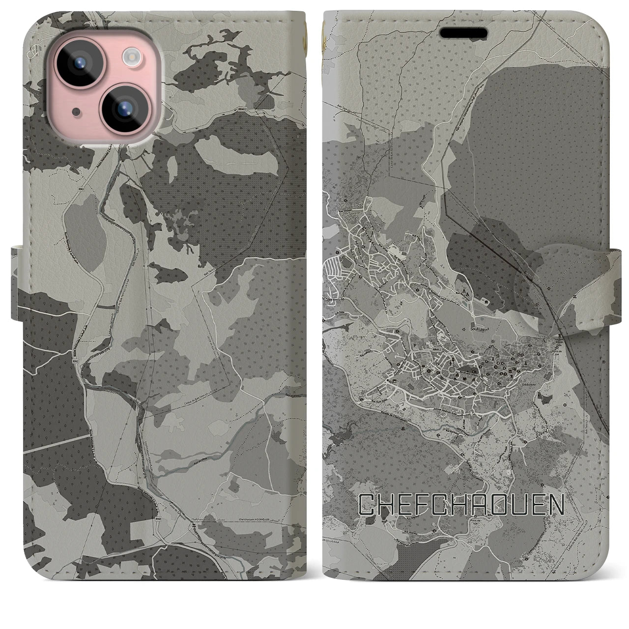 【シャウエン(モロッコ)】地図柄iPhoneケース(手帳タイプ)モノトーン・iPhone 15 Plus 用