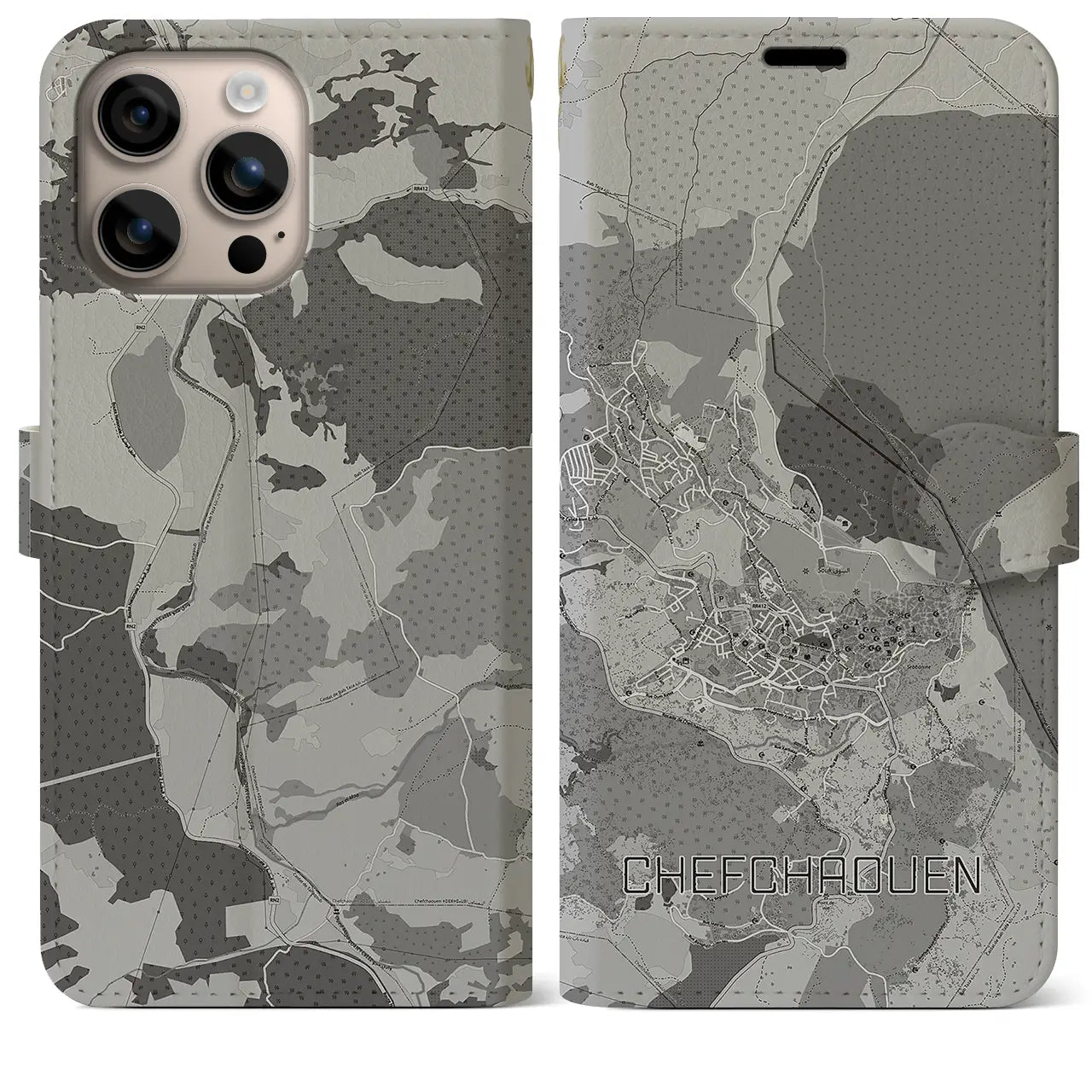 【シャウエン(モロッコ)】地図柄iPhoneケース(手帳タイプ)モノトーン・iPhone 16 Plus 用