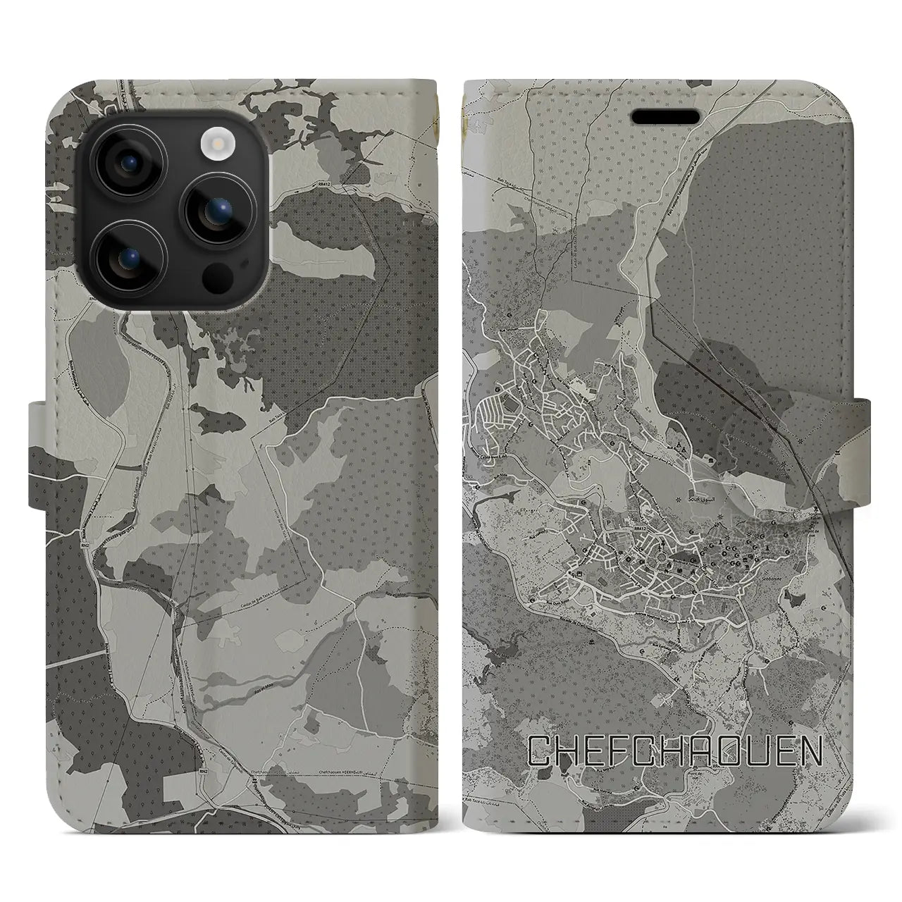 【シャウエン(モロッコ)】地図柄iPhoneケース(手帳タイプ)モノトーン・iPhone 16 用