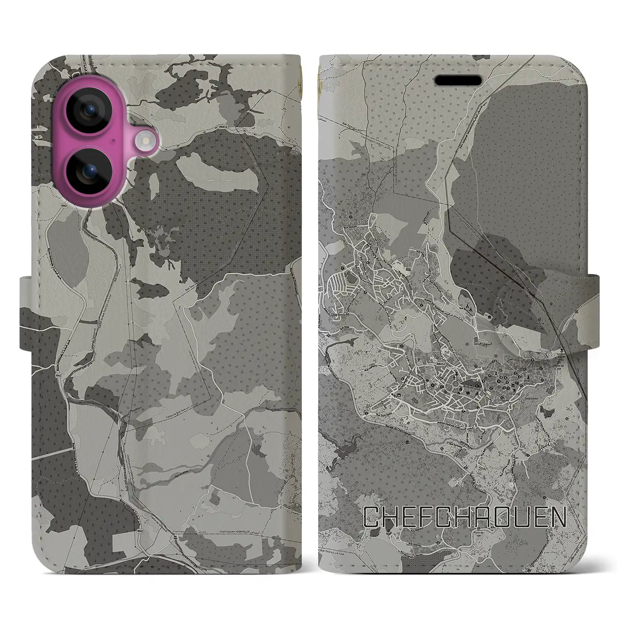 【シャウエン(モロッコ)】地図柄iPhoneケース(手帳タイプ)モノトーン・iPhone 16 Pro 用