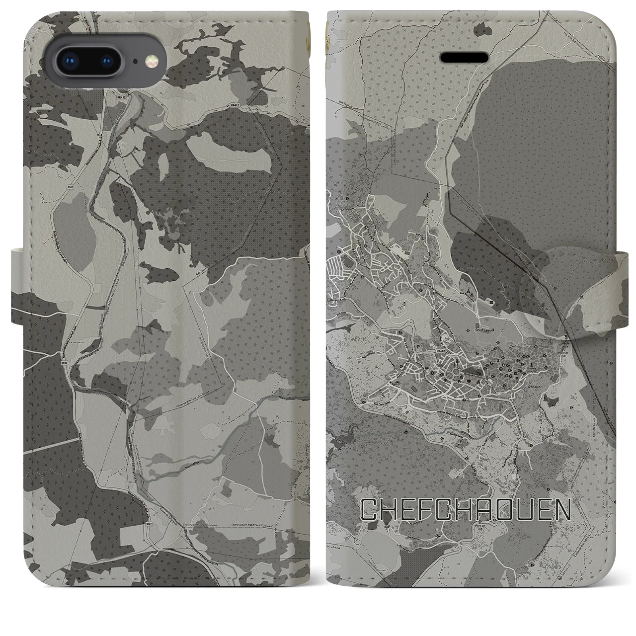 【シャウエン(モロッコ)】地図柄iPhoneケース(手帳タイプ)モノトーン・iPhone 8Plus /7Plus / 6sPlus / 6Plus 用