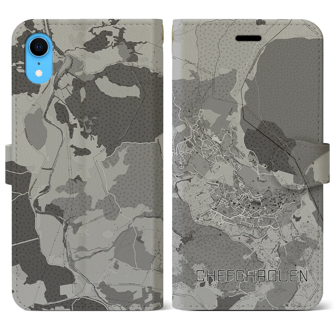 【シャウエン(モロッコ)】地図柄iPhoneケース(手帳タイプ)モノトーン・iPhone XR 用