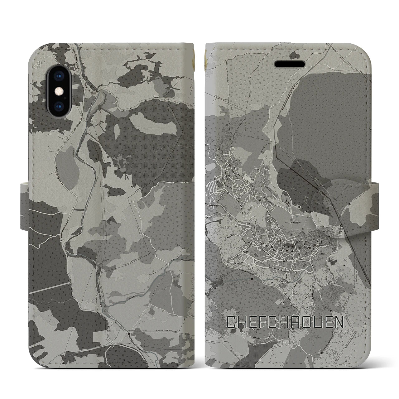 【シャウエン(モロッコ)】地図柄iPhoneケース(手帳タイプ)モノトーン・iPhone XS / X 用