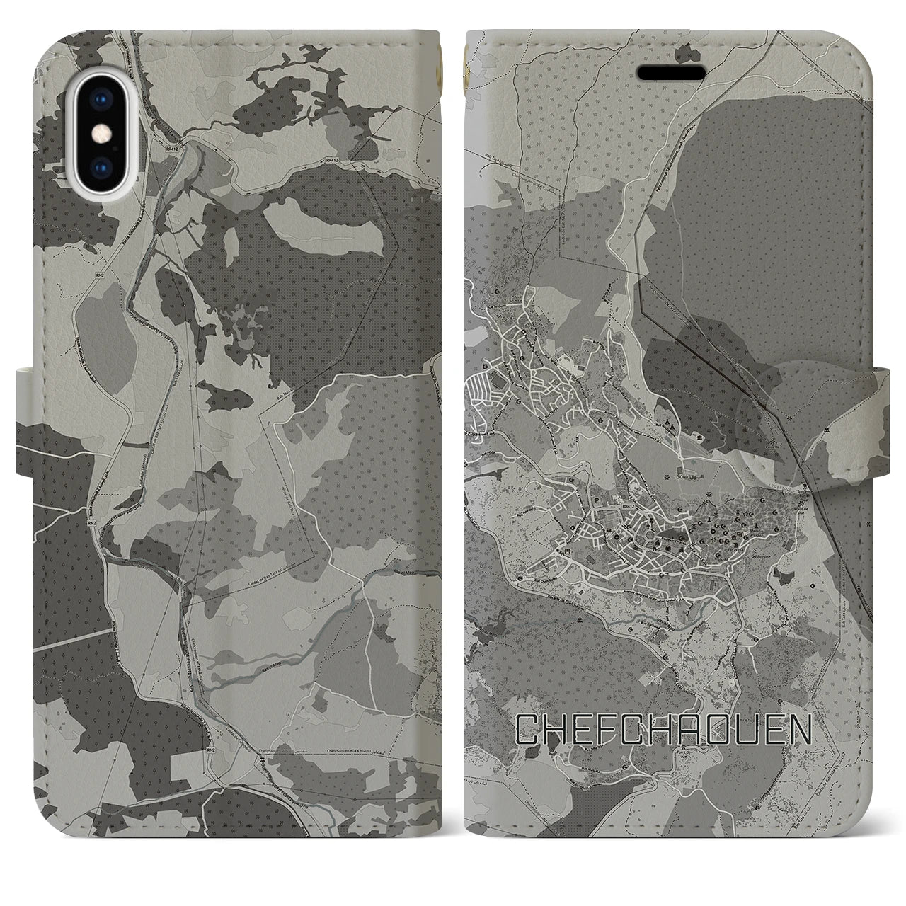 【シャウエン(モロッコ)】地図柄iPhoneケース(手帳タイプ)モノトーン・iPhone XS Max 用