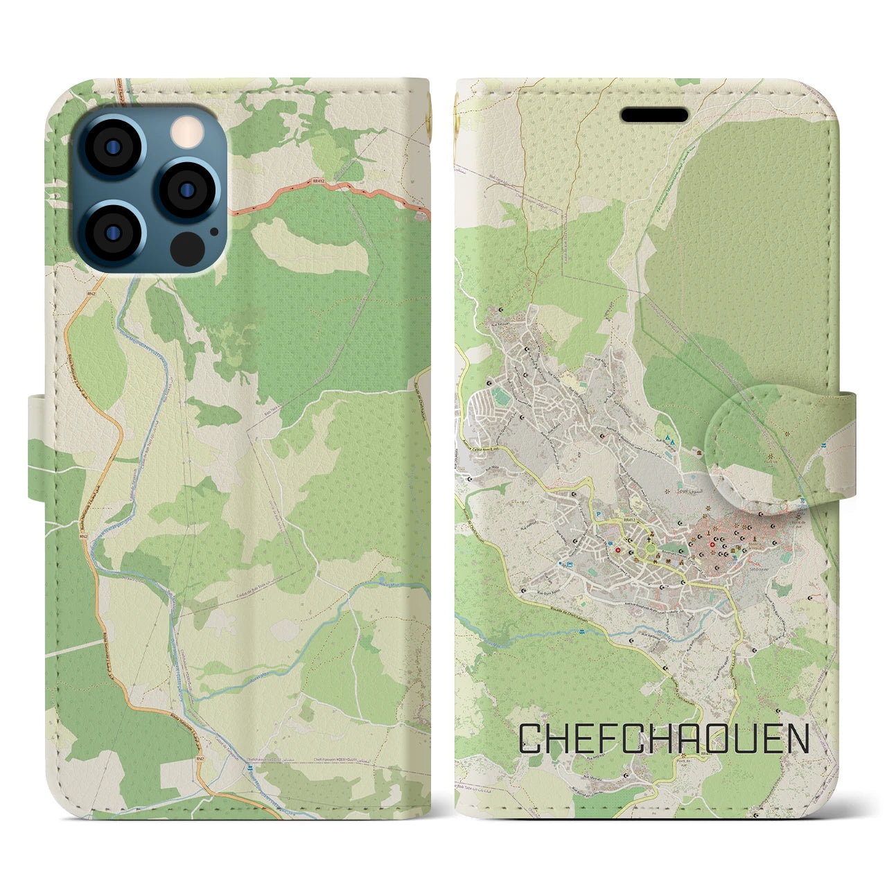 【シャウエン(モロッコ)】地図柄iPhoneケース(手帳タイプ)ナチュラル・iPhone 12 / 12 Pro 用