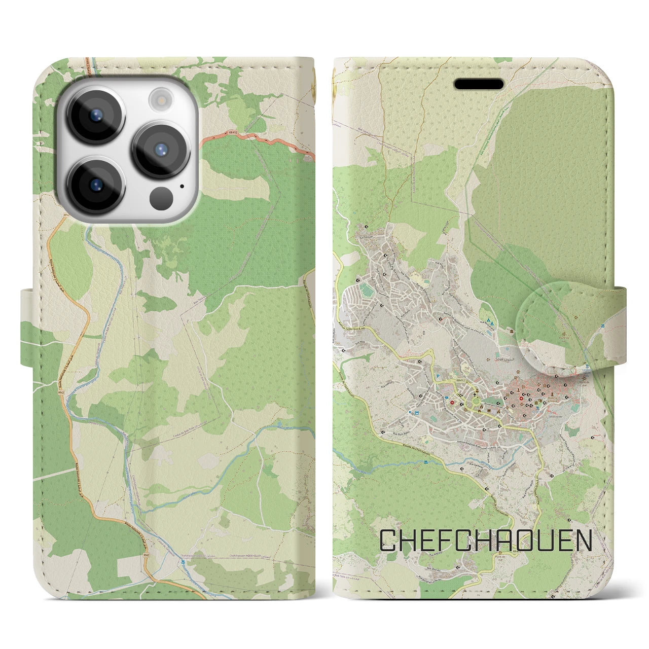 【シャウエン(モロッコ)】地図柄iPhoneケース(手帳タイプ)ナチュラル・iPhone 14 Pro 用