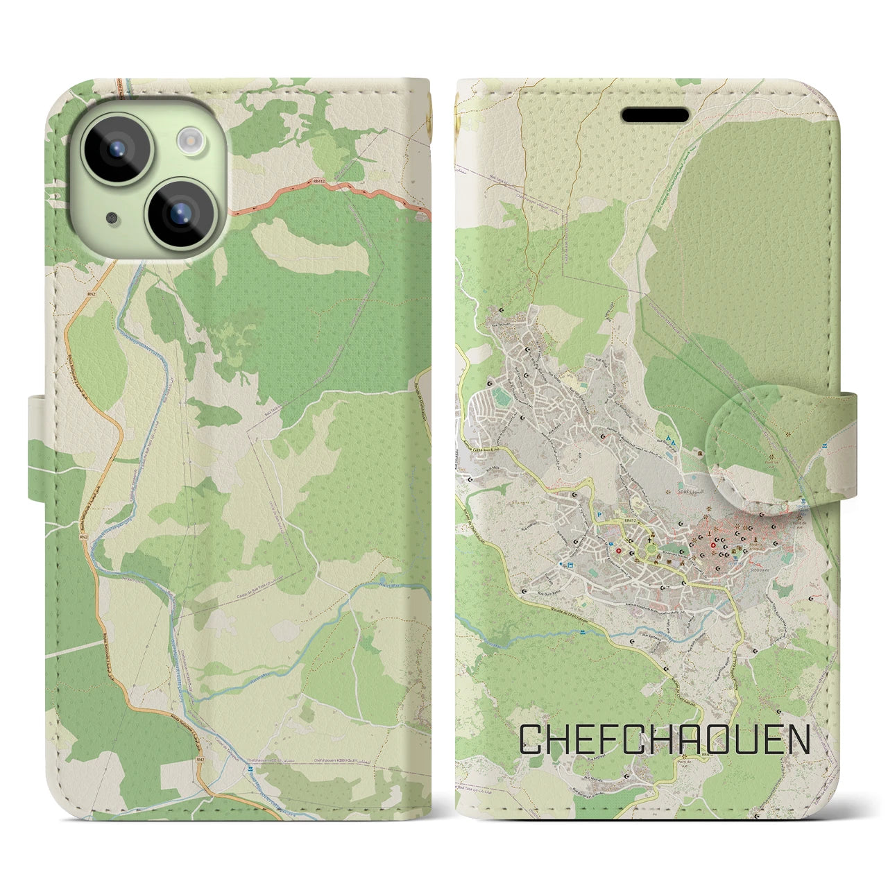 【シャウエン(モロッコ)】地図柄iPhoneケース(手帳タイプ)ナチュラル・iPhone 15 用