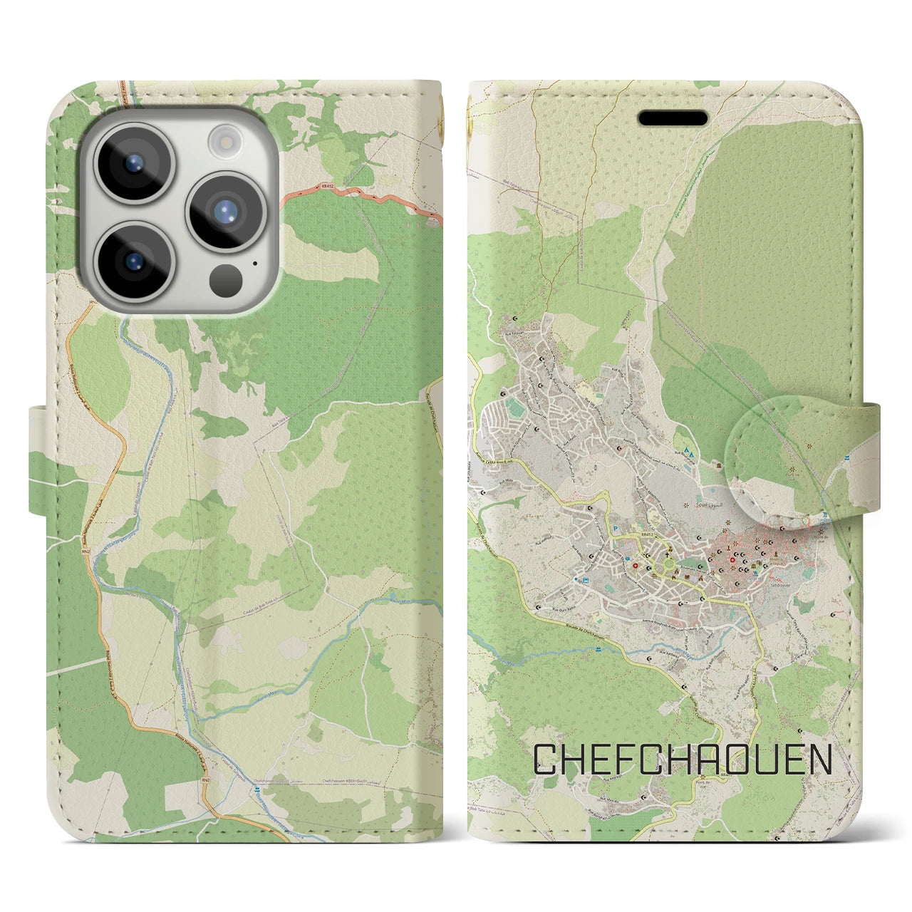 【シャウエン(モロッコ)】地図柄iPhoneケース(手帳タイプ)ナチュラル・iPhone 15 Pro 用
