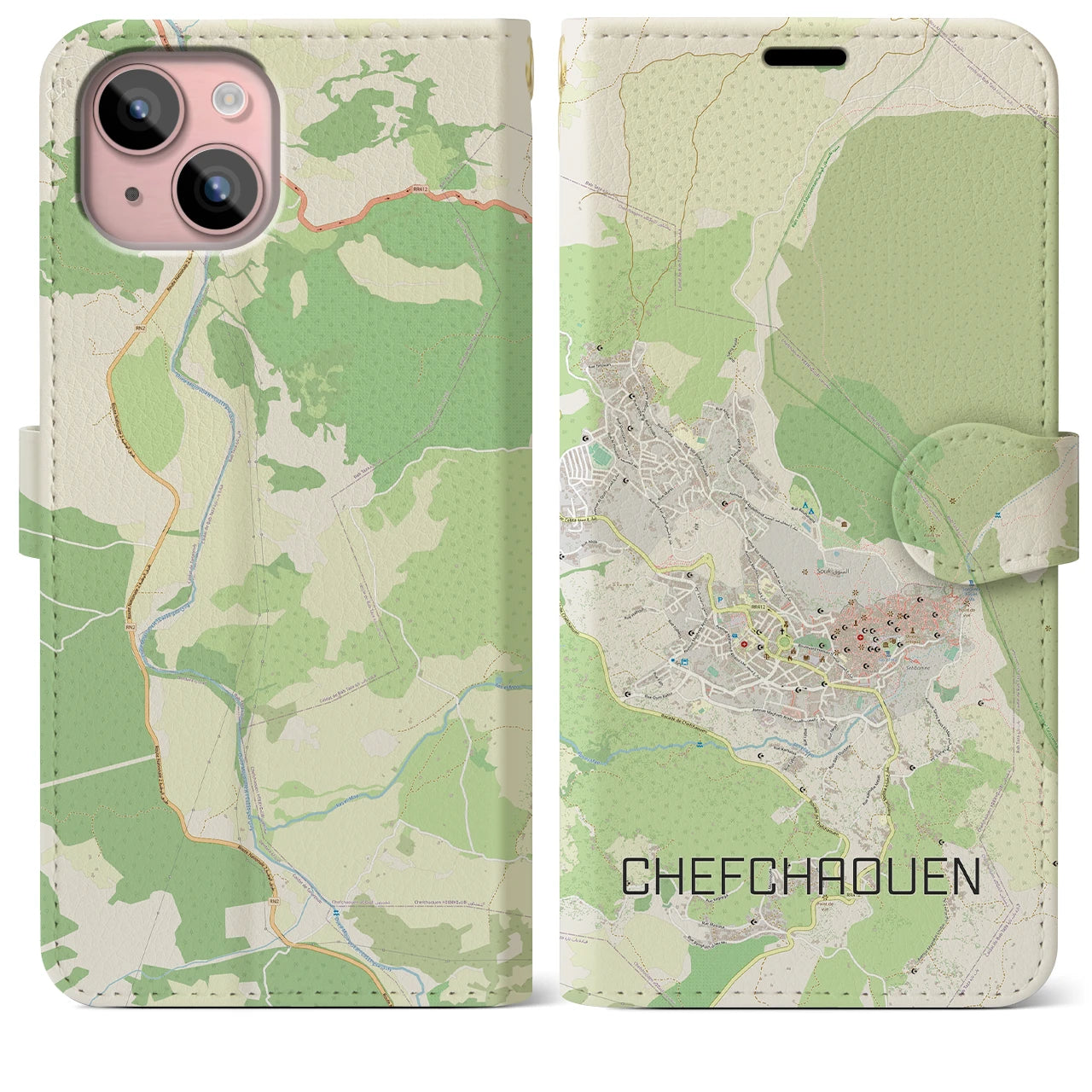 【シャウエン(モロッコ)】地図柄iPhoneケース(手帳タイプ)ナチュラル・iPhone 15 Plus 用