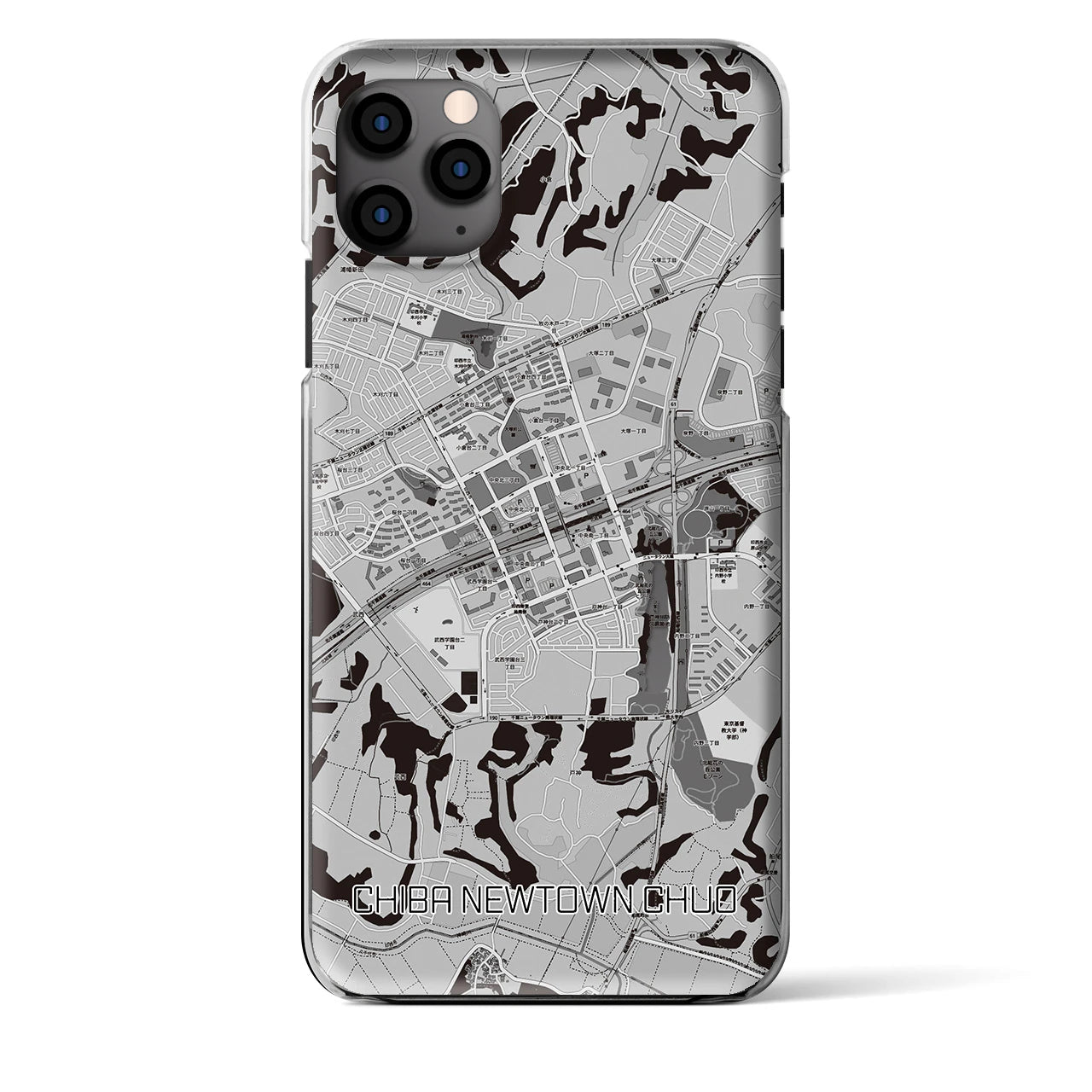 【千葉ニュータウン中央(千葉県)】地図柄iPhoneケース(クリアタイプ)モノトーン・iPhone 11 Pro Max 用