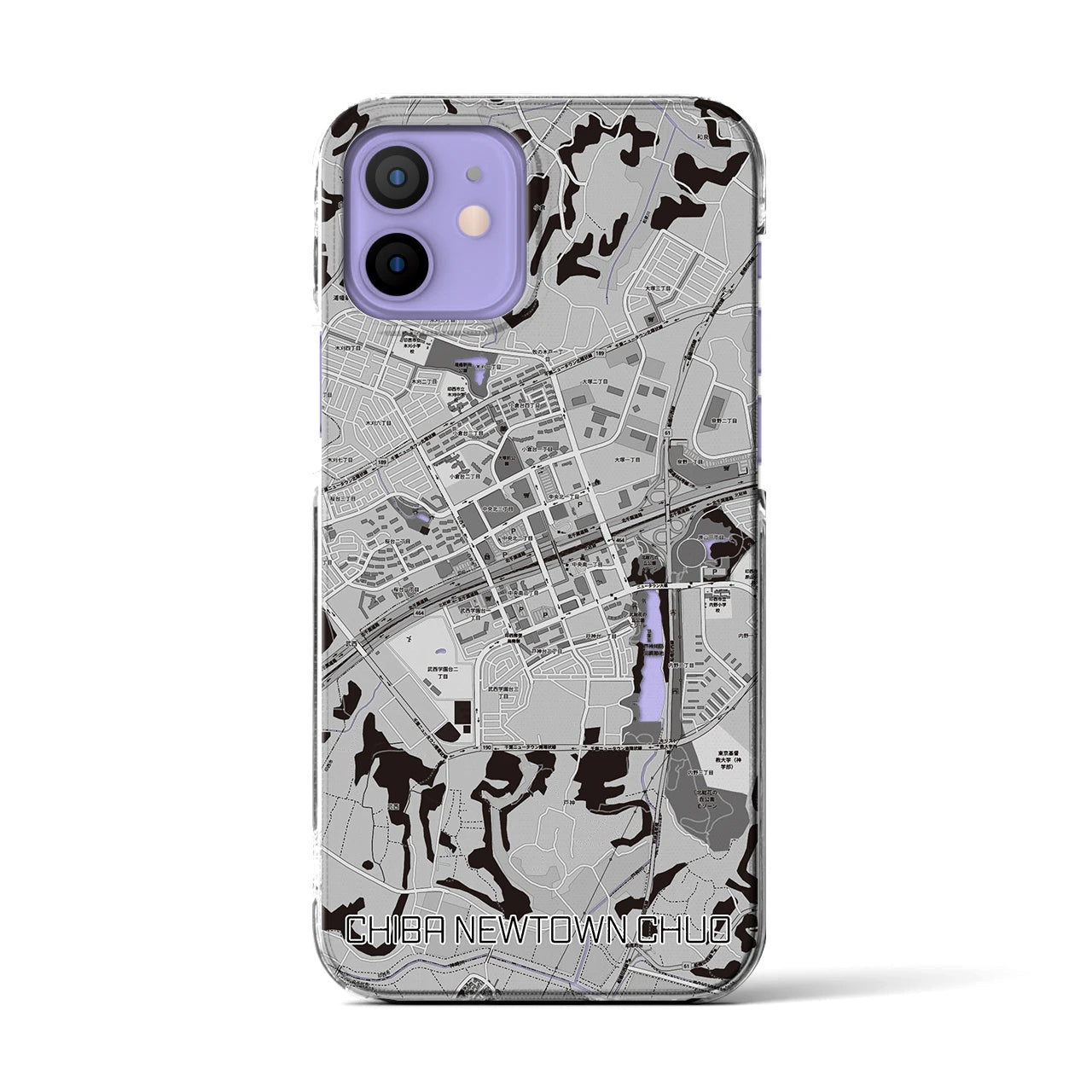 【千葉ニュータウン中央(千葉県)】地図柄iPhoneケース(クリアタイプ)モノトーン・iPhone 12 / 12 Pro 用