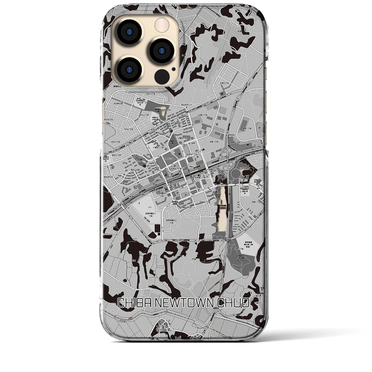 【千葉ニュータウン中央(千葉県)】地図柄iPhoneケース(クリアタイプ)モノトーン・iPhone 12 Pro Max 用