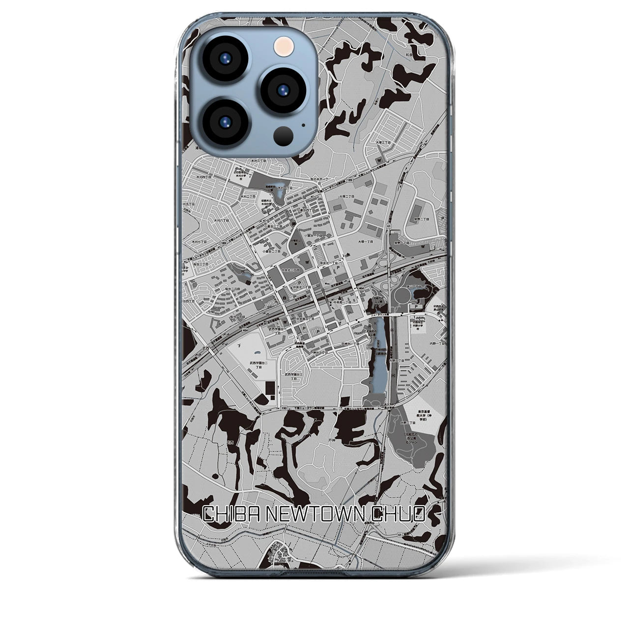 【千葉ニュータウン中央(千葉県)】地図柄iPhoneケース(クリアタイプ)モノトーン・iPhone 13 Pro Max 用