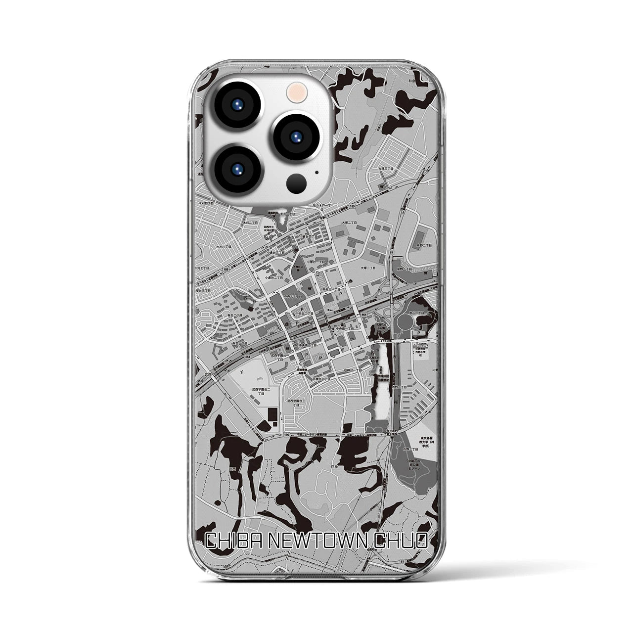 【千葉ニュータウン中央(千葉県)】地図柄iPhoneケース(クリアタイプ)モノトーン・iPhone 13 Pro 用