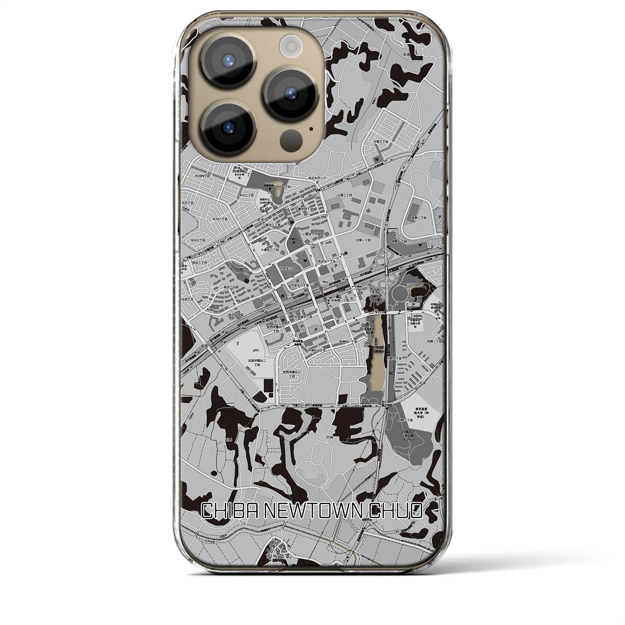 【千葉ニュータウン中央(千葉県)】地図柄iPhoneケース(クリアタイプ)モノトーン・iPhone 14 Pro Max 用