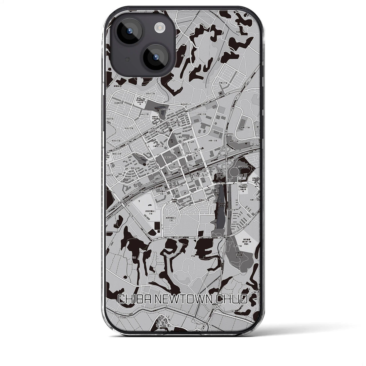 【千葉ニュータウン中央(千葉県)】地図柄iPhoneケース(クリアタイプ)モノトーン・iPhone 14 Plus 用