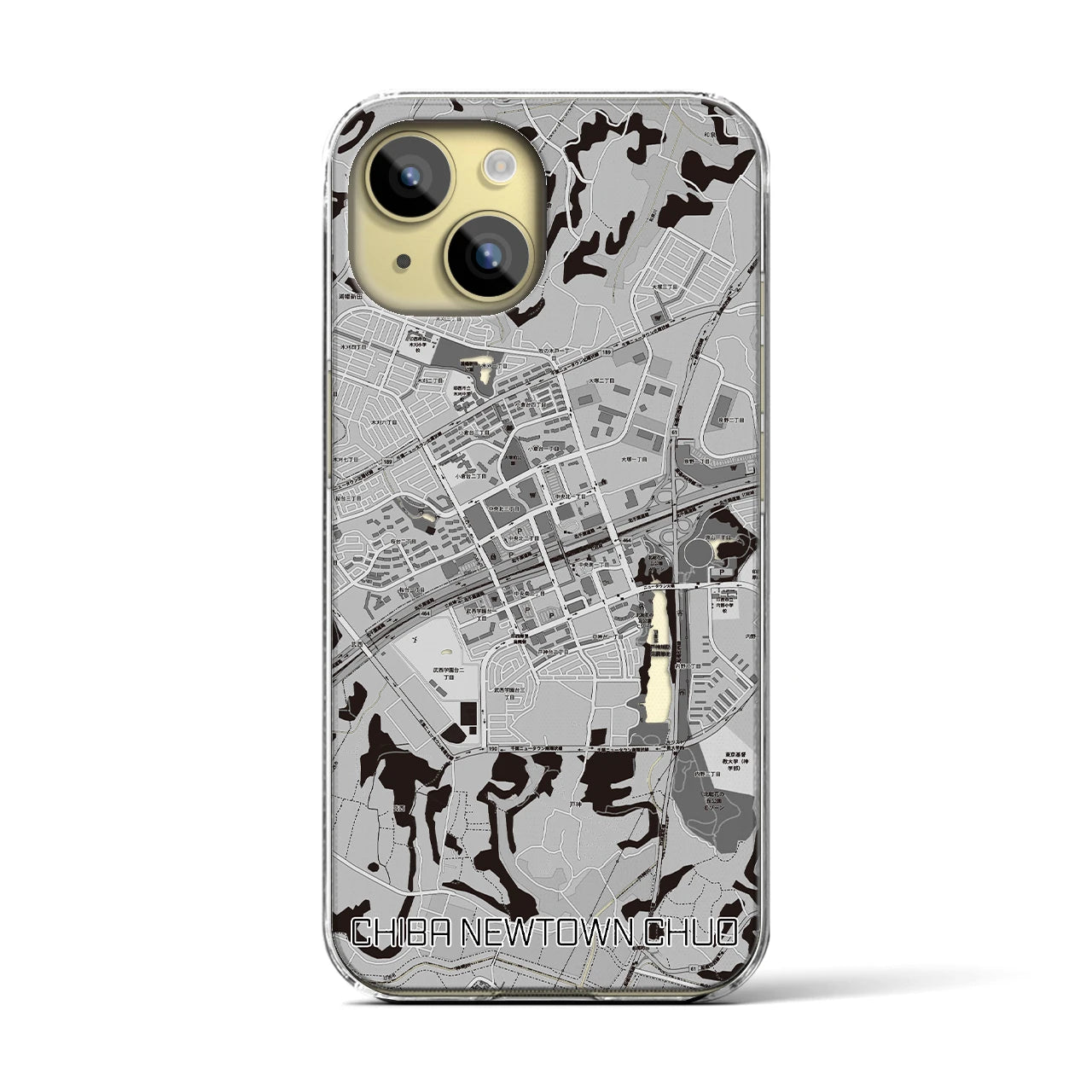 【千葉ニュータウン中央(千葉県)】地図柄iPhoneケース(クリアタイプ)モノトーン・iPhone 15 用
