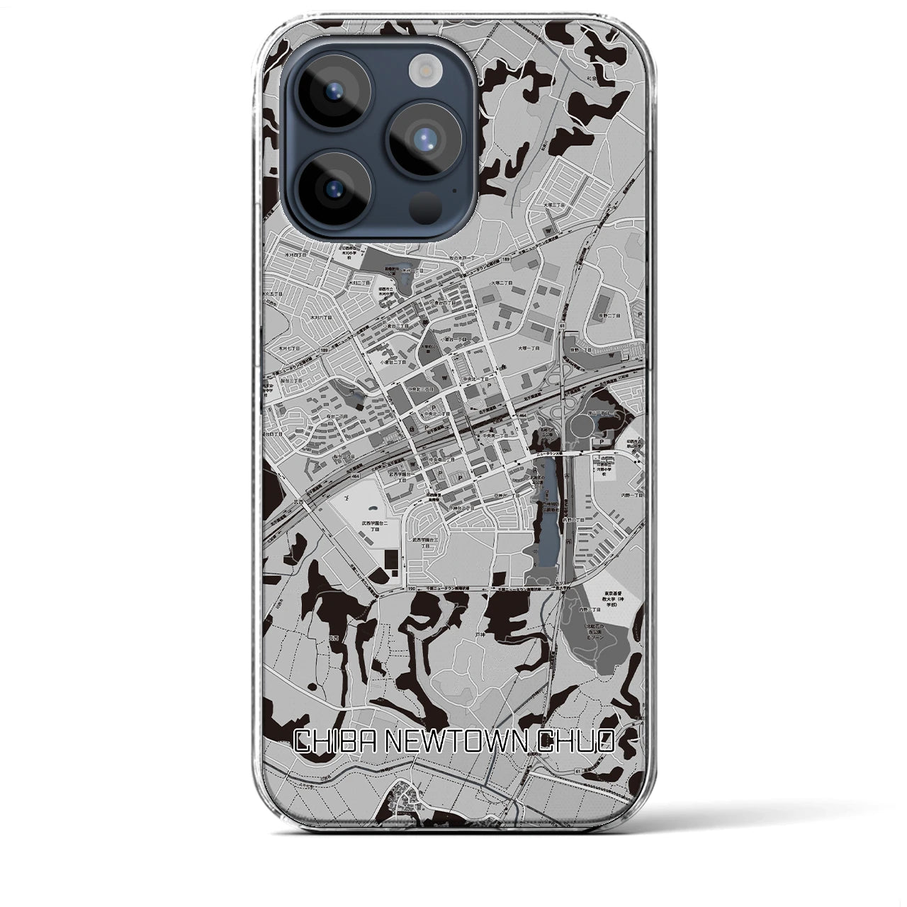 【千葉ニュータウン中央(千葉県)】地図柄iPhoneケース(クリアタイプ)モノトーン・iPhone 15 Pro Max 用
