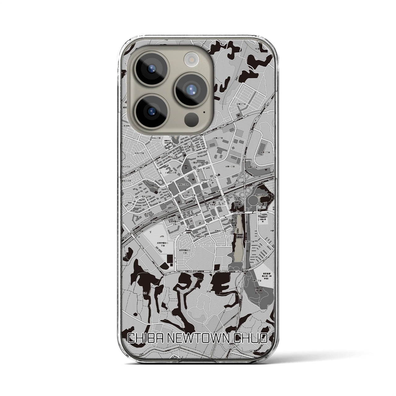 【千葉ニュータウン中央(千葉県)】地図柄iPhoneケース(クリアタイプ)モノトーン・iPhone 15 Pro 用