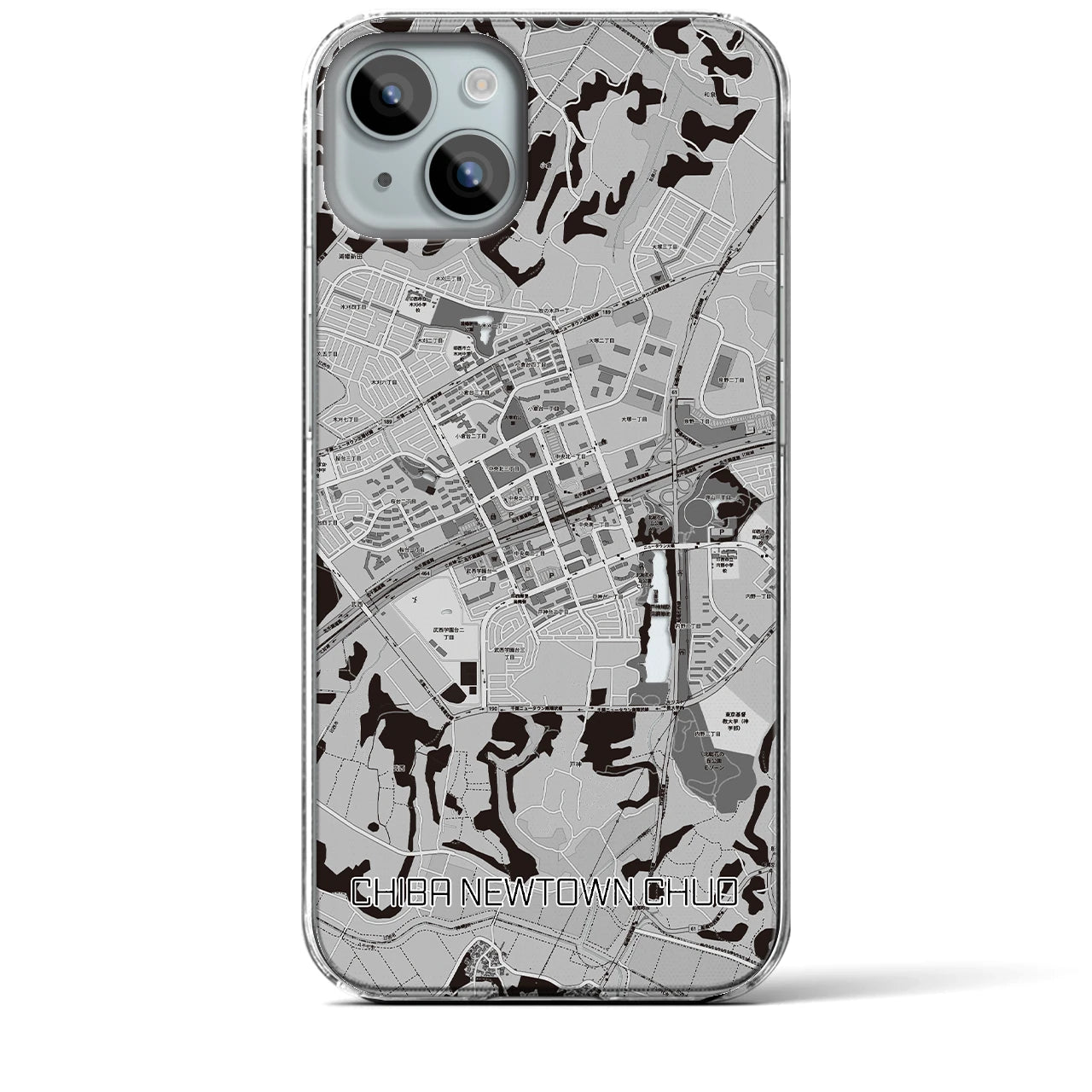 【千葉ニュータウン中央(千葉県)】地図柄iPhoneケース(クリアタイプ)モノトーン・iPhone 15 Plus 用
