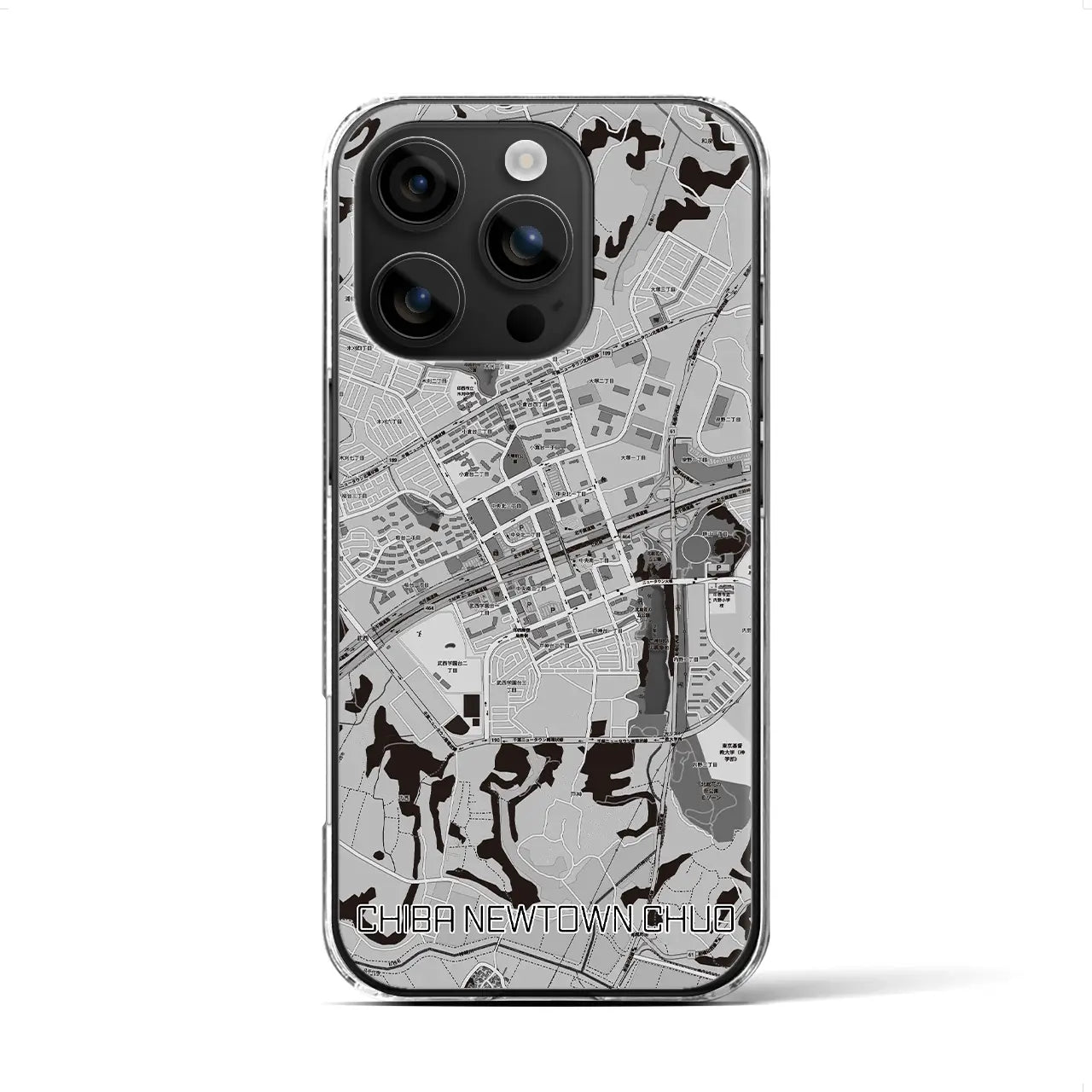 【千葉ニュータウン中央(千葉県)】地図柄iPhoneケース(クリアタイプ)モノトーン・iPhone 16 用