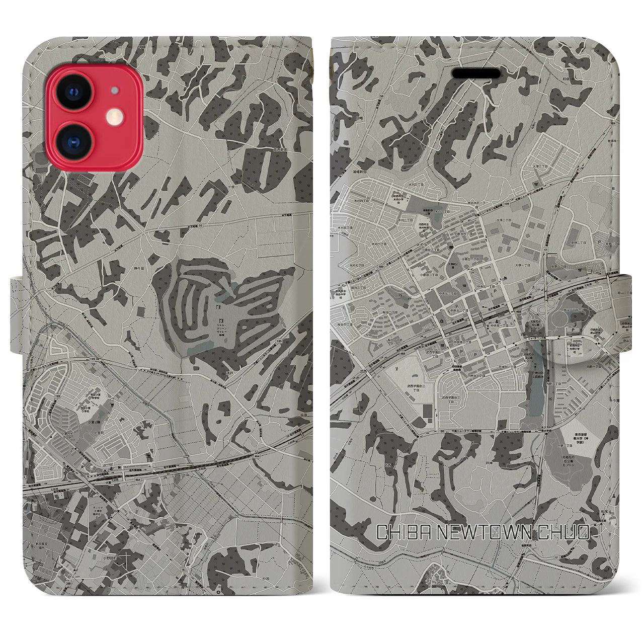 【千葉ニュータウン中央(千葉県)】地図柄iPhoneケース(手帳タイプ)モノトーン・iPhone 11 用