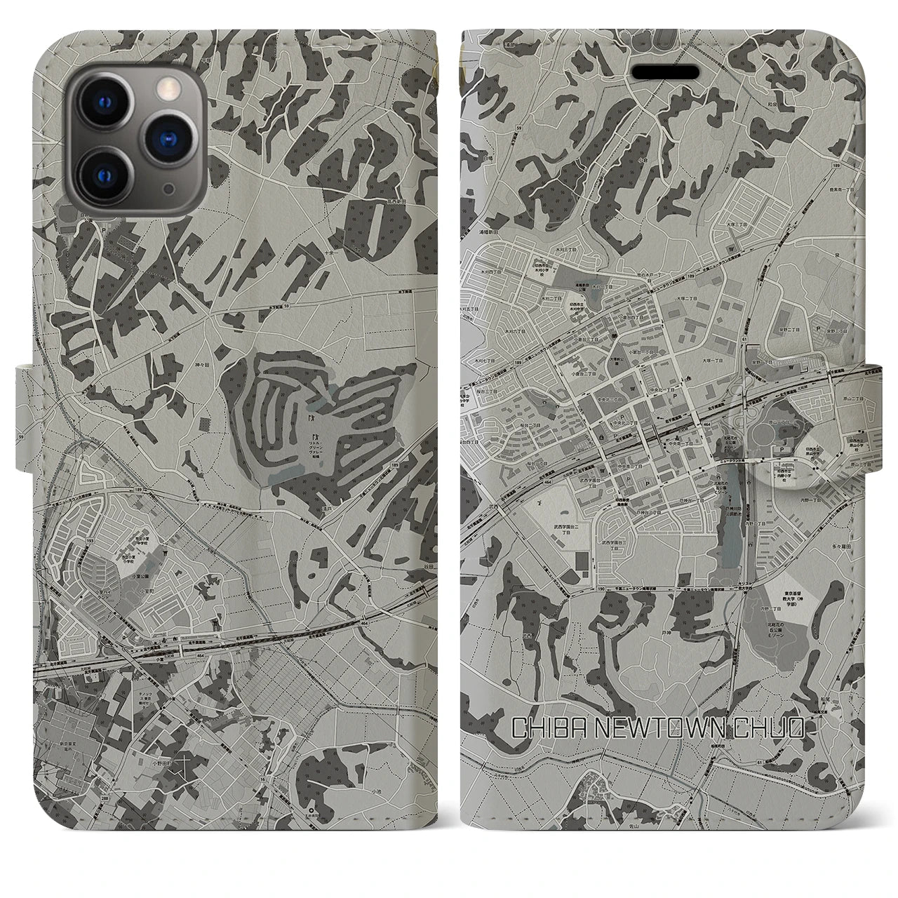 【千葉ニュータウン中央(千葉県)】地図柄iPhoneケース(手帳タイプ)モノトーン・iPhone 11 Pro Max 用
