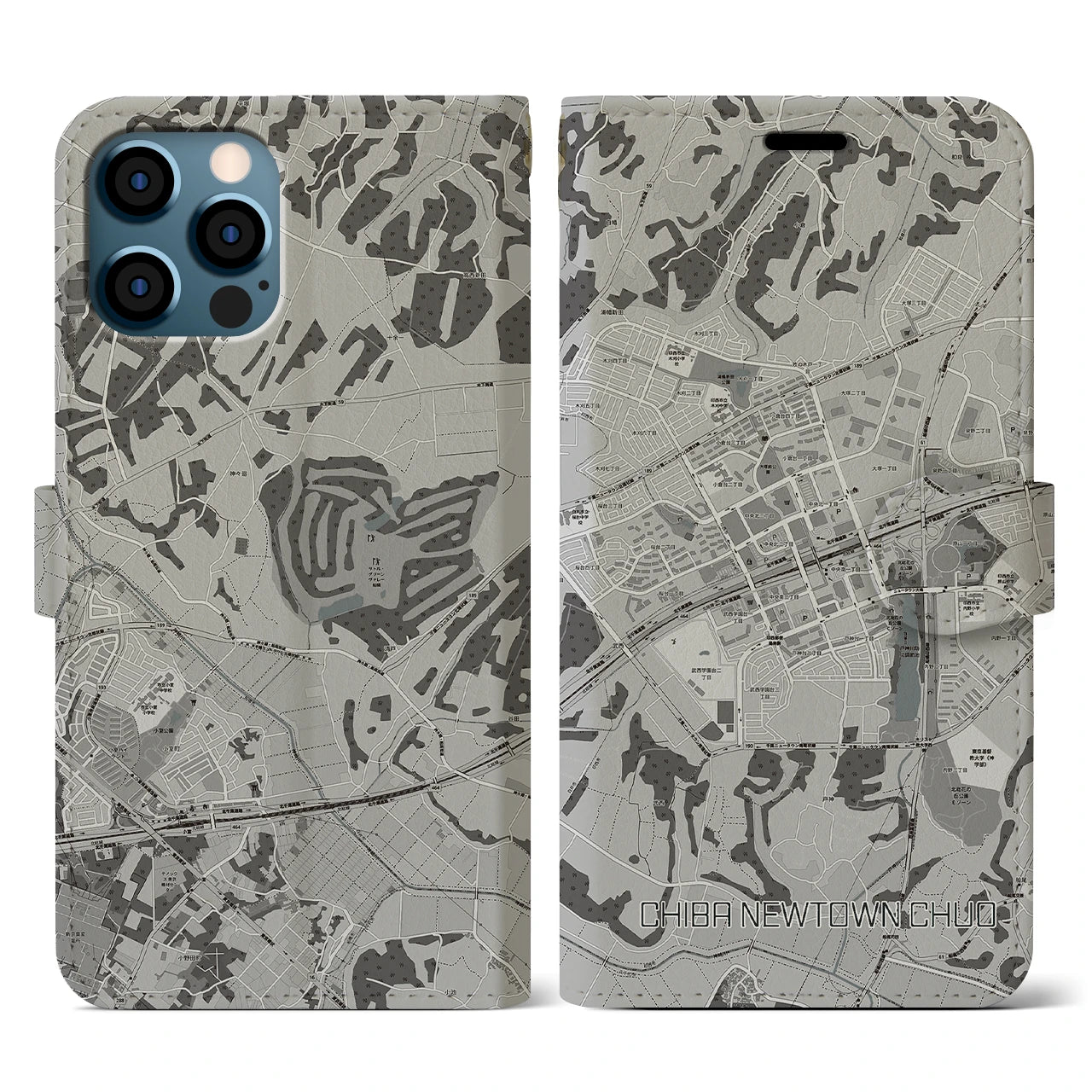 【千葉ニュータウン中央(千葉県)】地図柄iPhoneケース(手帳タイプ)モノトーン・iPhone 12 / 12 Pro 用