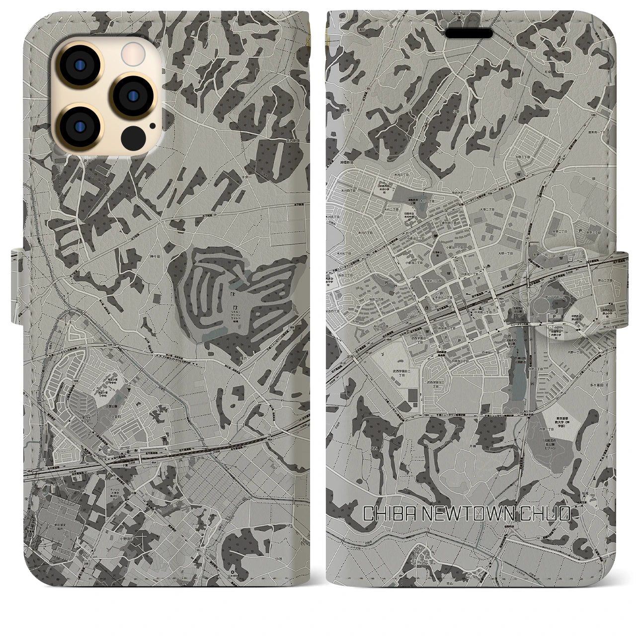 【千葉ニュータウン中央(千葉県)】地図柄iPhoneケース(手帳タイプ)モノトーン・iPhone 12 Pro Max 用